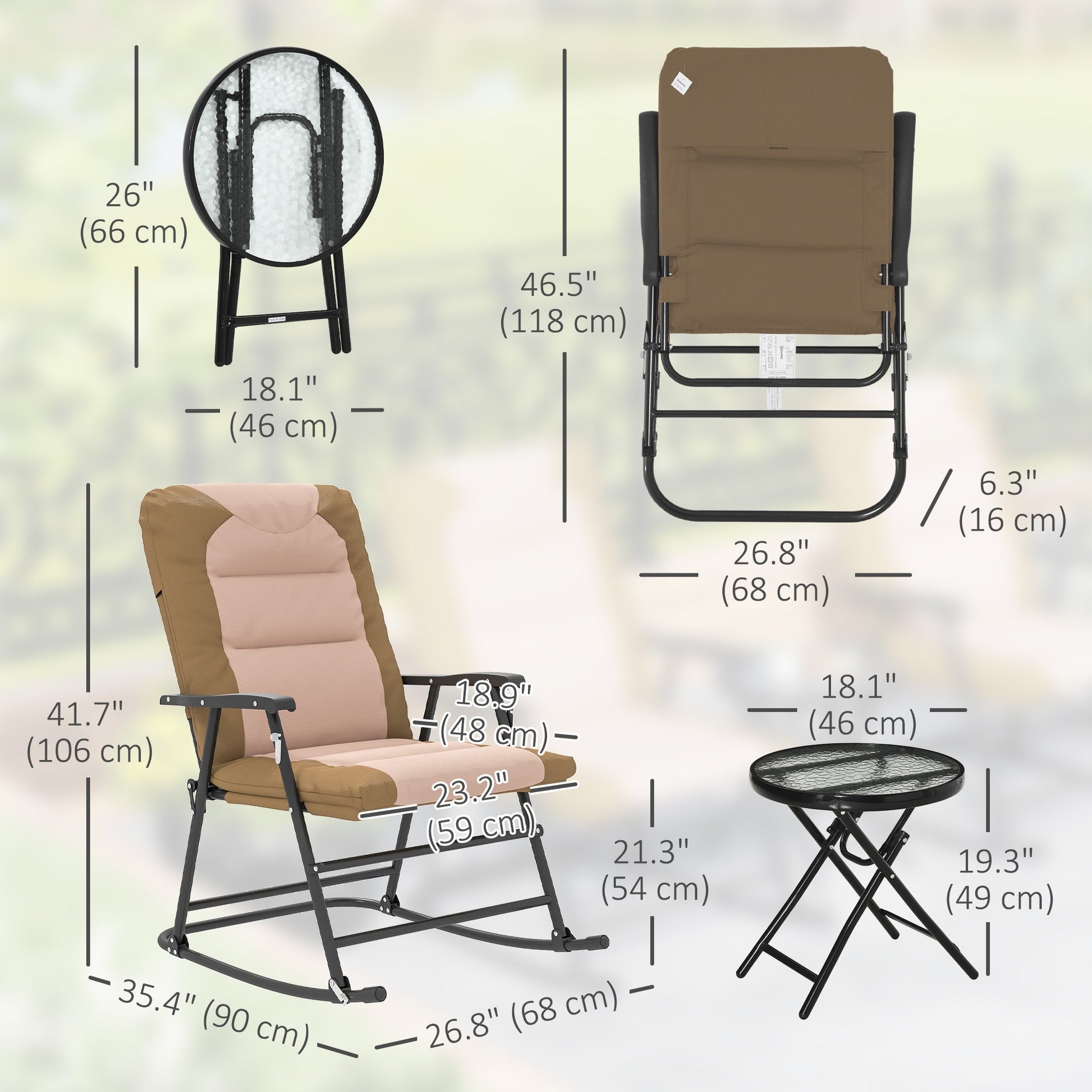 3pc Patio Foldable Rocking Chair Set, Outdoor Rocking Chairs and Table Bistro Set w/ Padded Seat, Headrest, Backrest for Park, Backyard, Garden, Light Brown