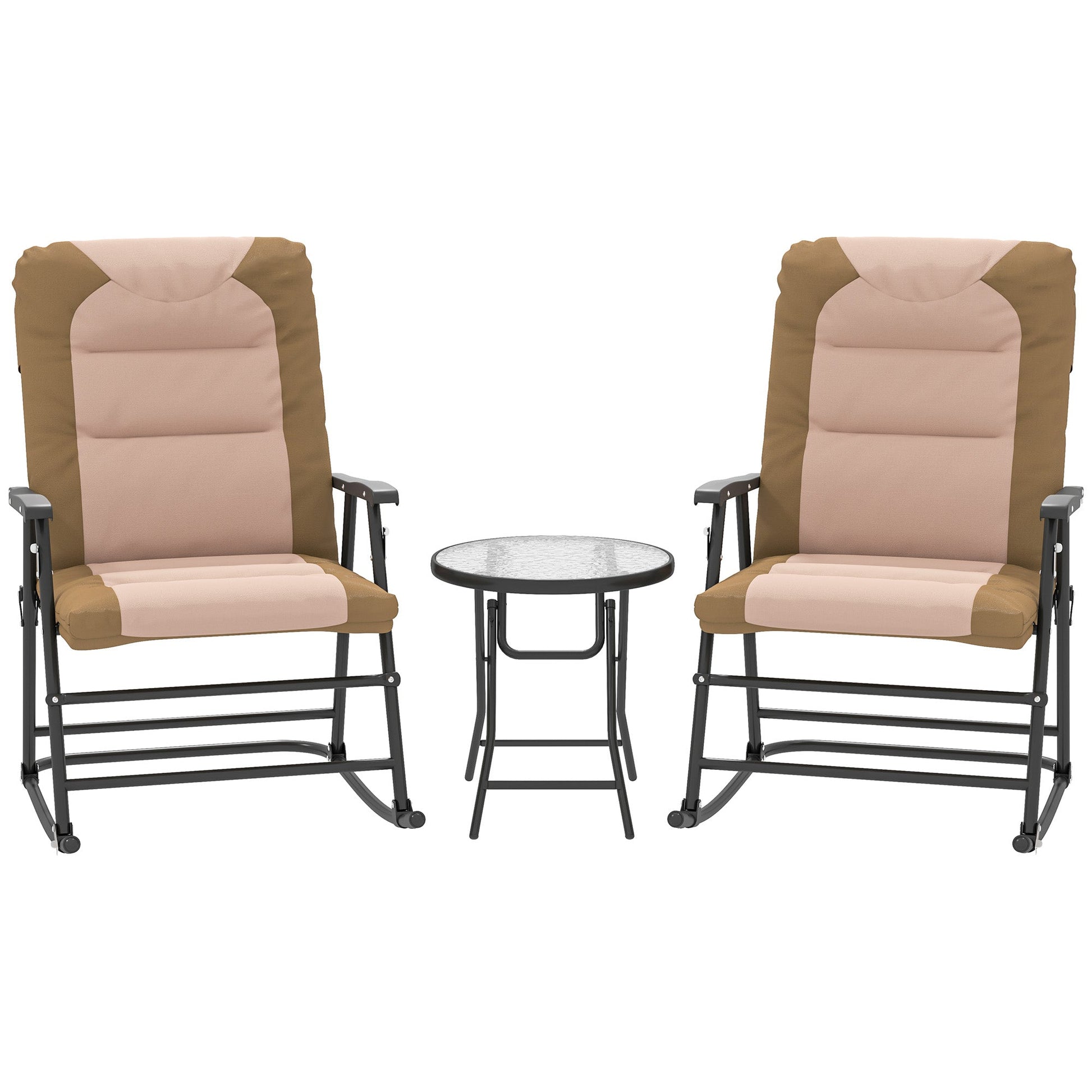 3pc Patio Foldable Rocking Chair Set, Outdoor Rocking Chairs and Table Bistro Set w/ Padded Seat, Headrest, Backrest for Park, Backyard, Garden, Light Brown