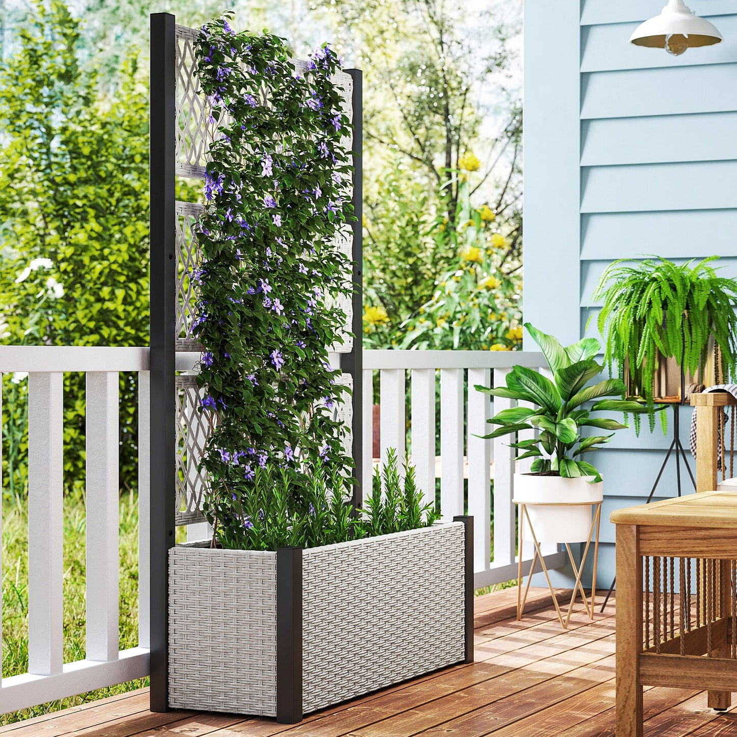 Wicker Outdoor Planter with Trellis, 58" Standing Raised Garden Bed with Liner, Drainage Holes, Privacy Screen Planter Box for Climbing Plants, Flowers, Mixed Grey