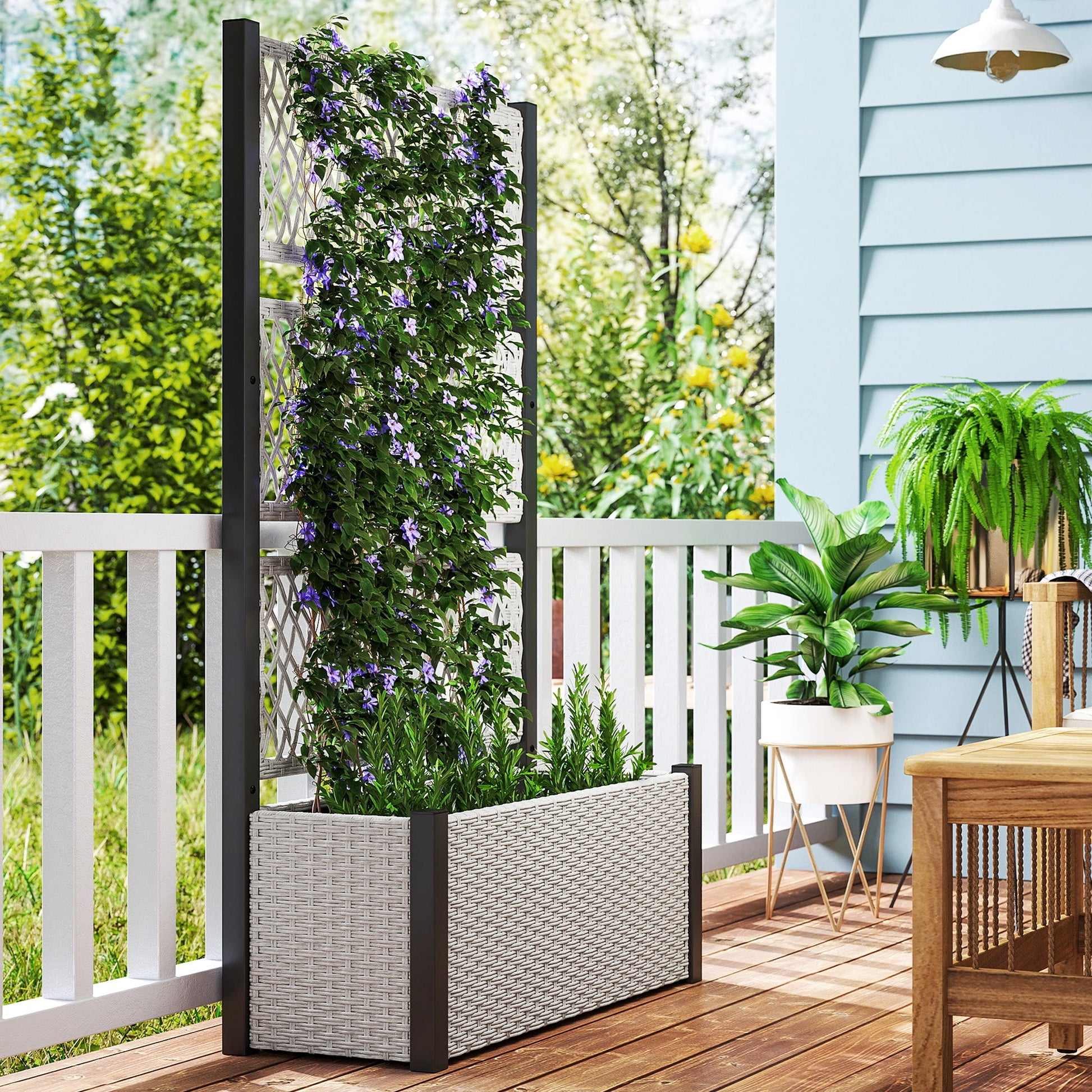 Wicker Outdoor Planter with Trellis, 58" Standing Raised Garden Bed with Liner, Drainage Holes, Privacy Screen Planter Box for Climbing Plants, Flowers, Mixed Grey