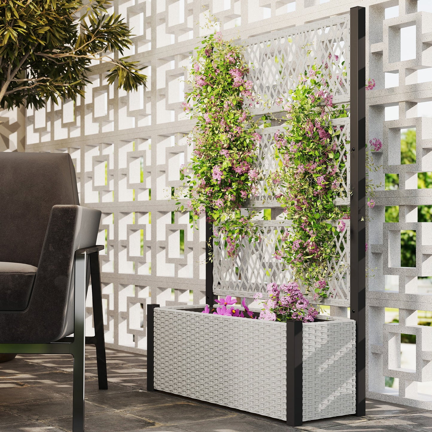 Wicker Outdoor Planter with Trellis, 58" Standing Raised Garden Bed with Liner, Drainage Holes, Privacy Screen Planter Box for Climbing Plants, Flowers, Mixed Grey