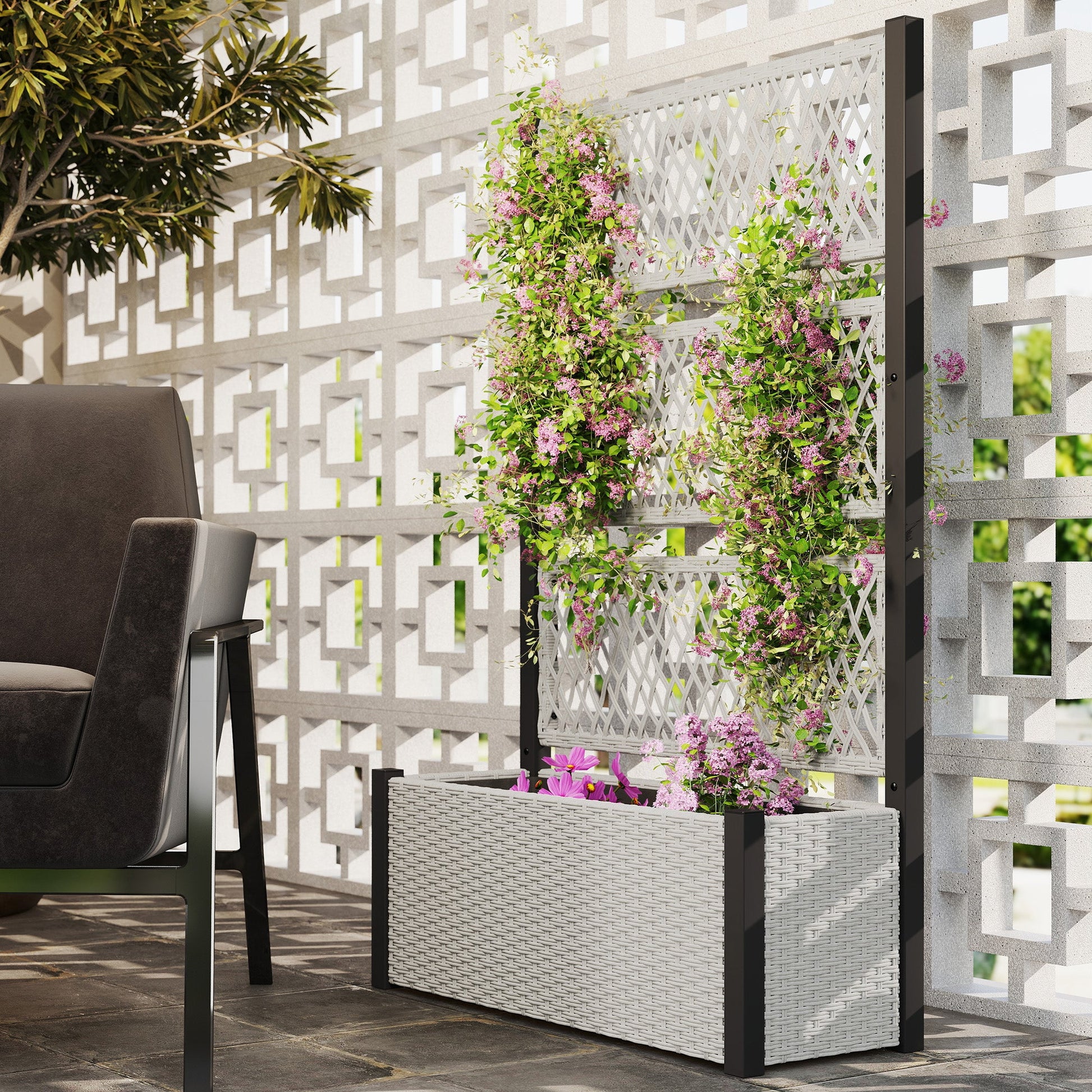 Wicker Outdoor Planter with Trellis, 58" Standing Raised Garden Bed with Liner, Drainage Holes, Privacy Screen Planter Box for Climbing Plants, Flowers, Mixed Grey