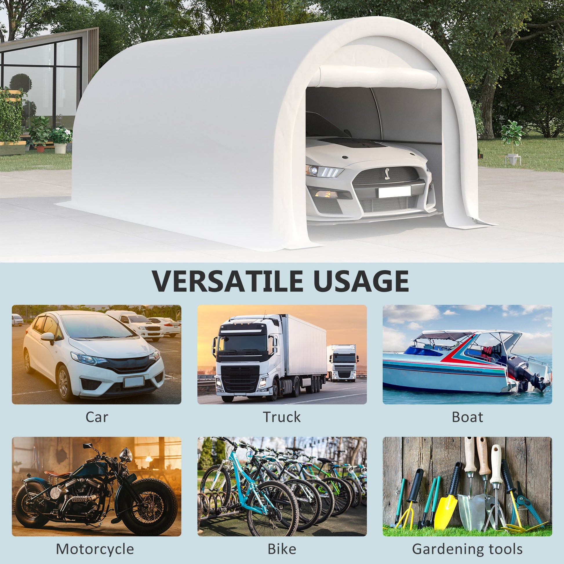 10' x 16' Carport, Heavy Duty Portable Garage / Storage Tent with Large Zippered Door, Anti-UV PE Canopy Cover for Car, Boat, Motorcycle, Bike, Garden Tools, White