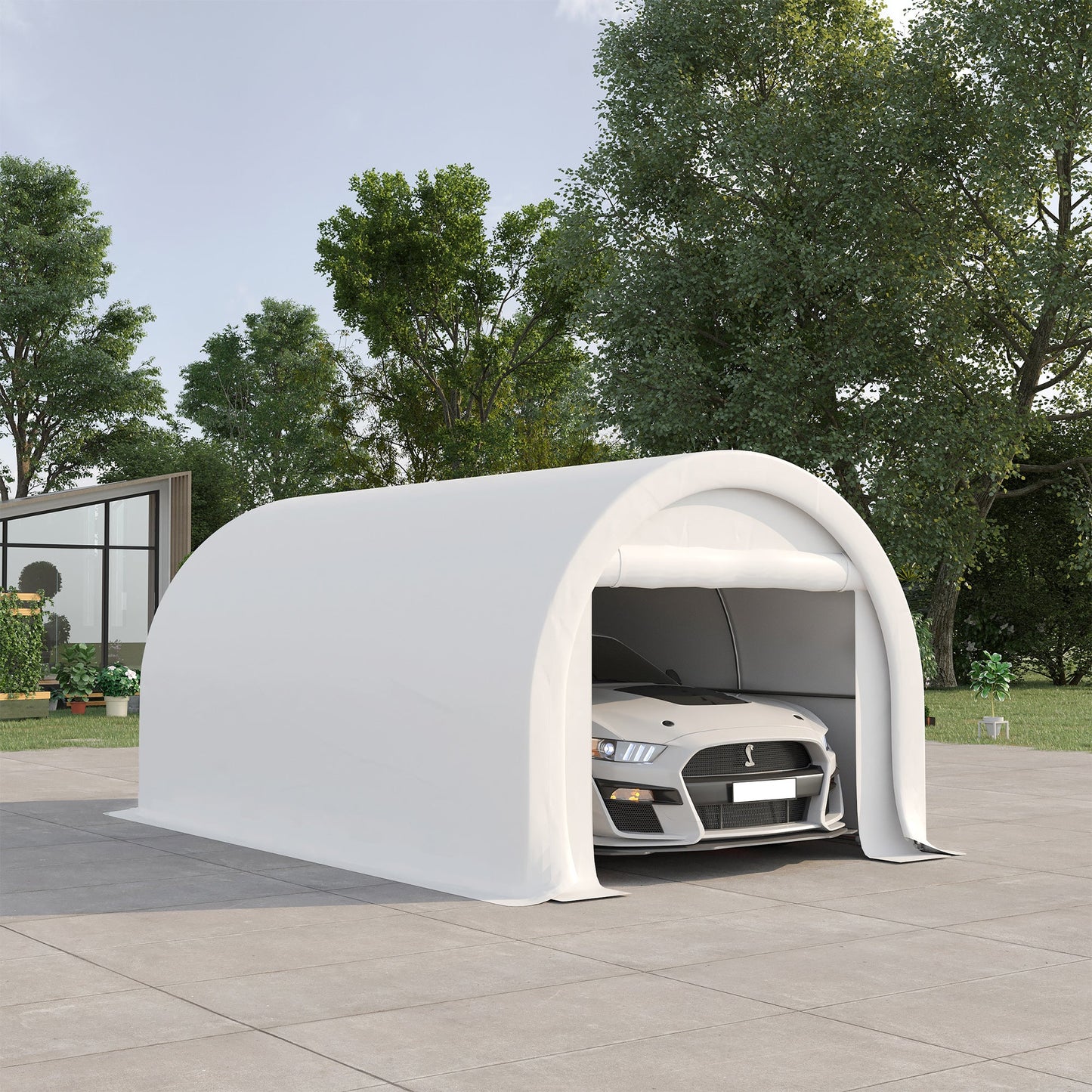 10' x 16' Carport, Heavy Duty Portable Garage / Storage Tent with Large Zippered Door, Anti-UV PE Canopy Cover for Car, Boat, Motorcycle, Bike, Garden Tools, White