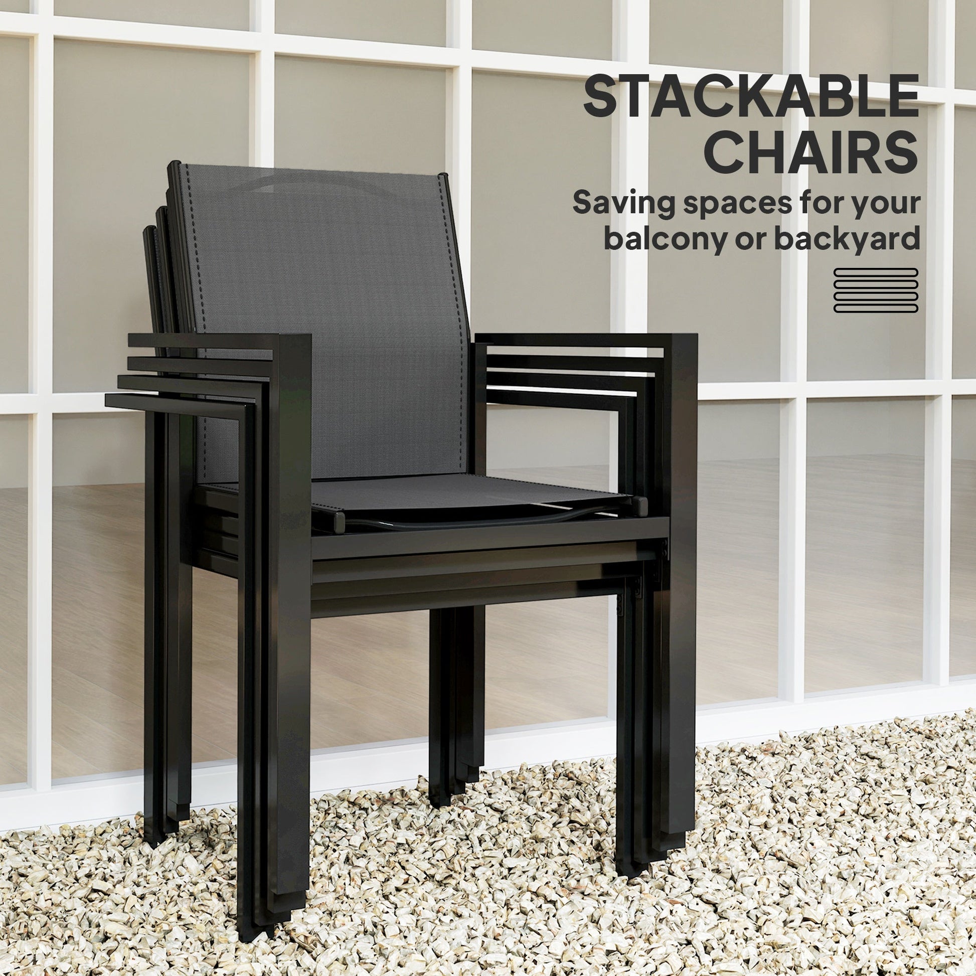 5 Piece Patio Dining Set, Outdoor Table and Chairs with 2.1" Umbrella Hole, 4 Stackable Chairs, Tempered Glass Top, Rust-Resistant Metal Frame for Backyard, Porch, Deck