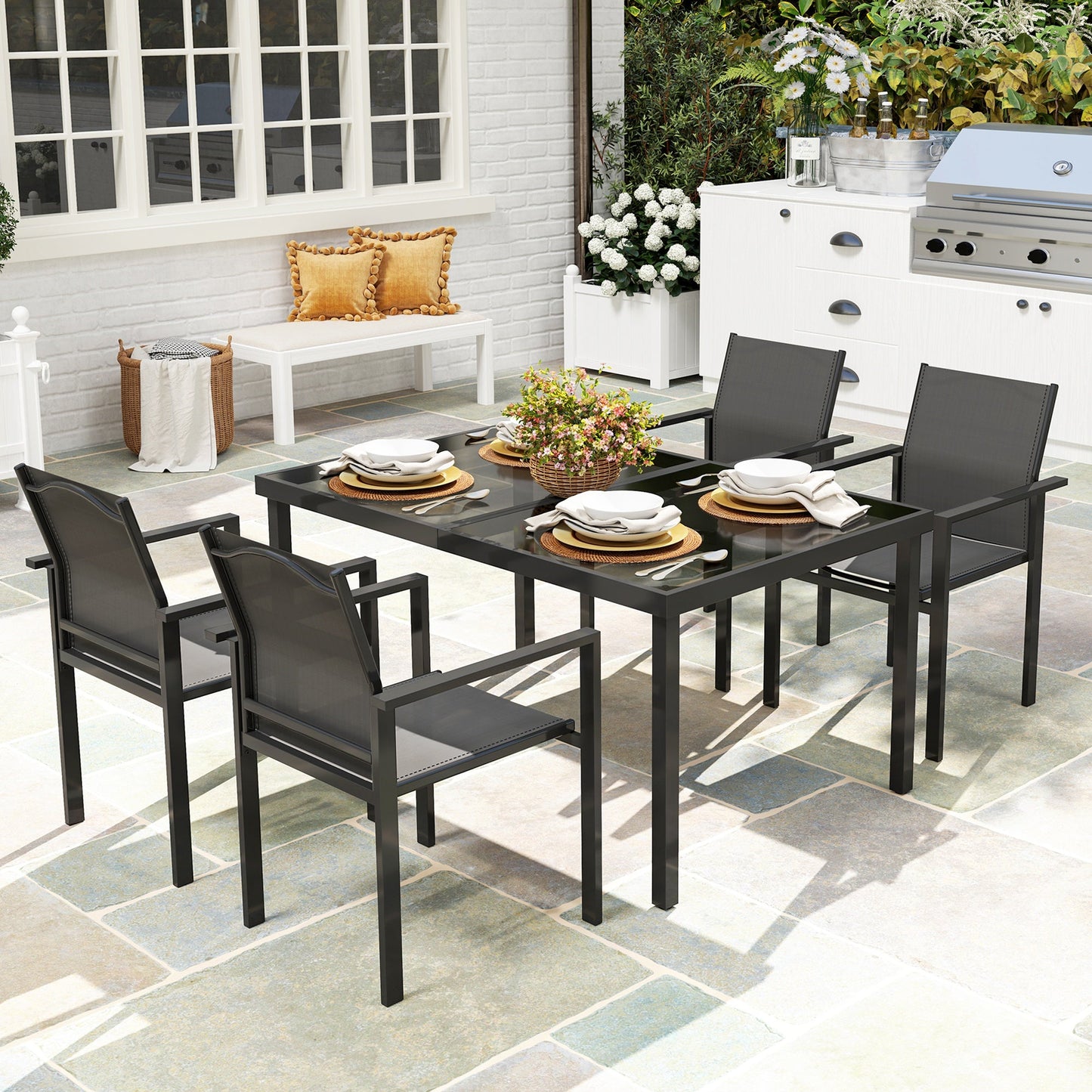 5 Piece Patio Dining Set, Outdoor Table and Chairs with 2.1" Umbrella Hole, 4 Stackable Chairs, Tempered Glass Top, Rust-Resistant Metal Frame for Backyard, Porch, Deck