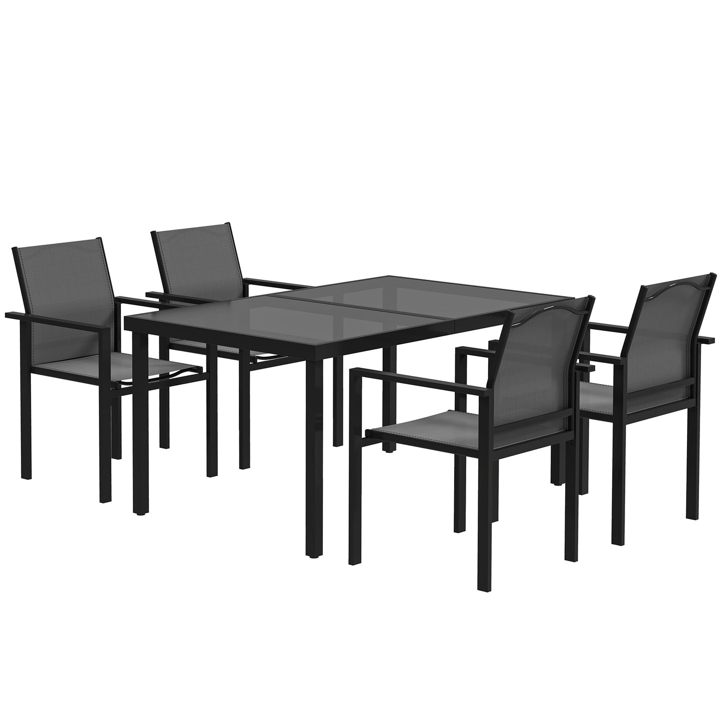 5 Piece Patio Dining Set, Outdoor Table and Chairs with 2.1" Umbrella Hole, 4 Stackable Chairs, Tempered Glass Top, Rust-Resistant Metal Frame for Backyard, Porch, Deck