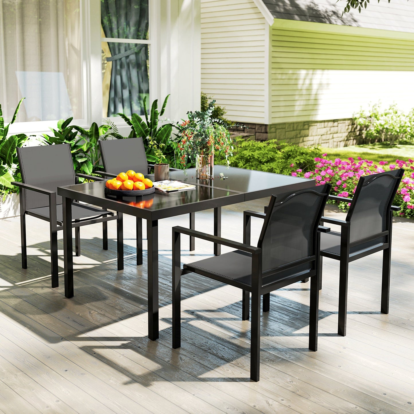 5 Piece Patio Dining Set, Outdoor Table and Chairs with 2.1" Umbrella Hole, 4 Stackable Chairs, Tempered Glass Top, Rust-Resistant Metal Frame for Backyard, Porch, Deck