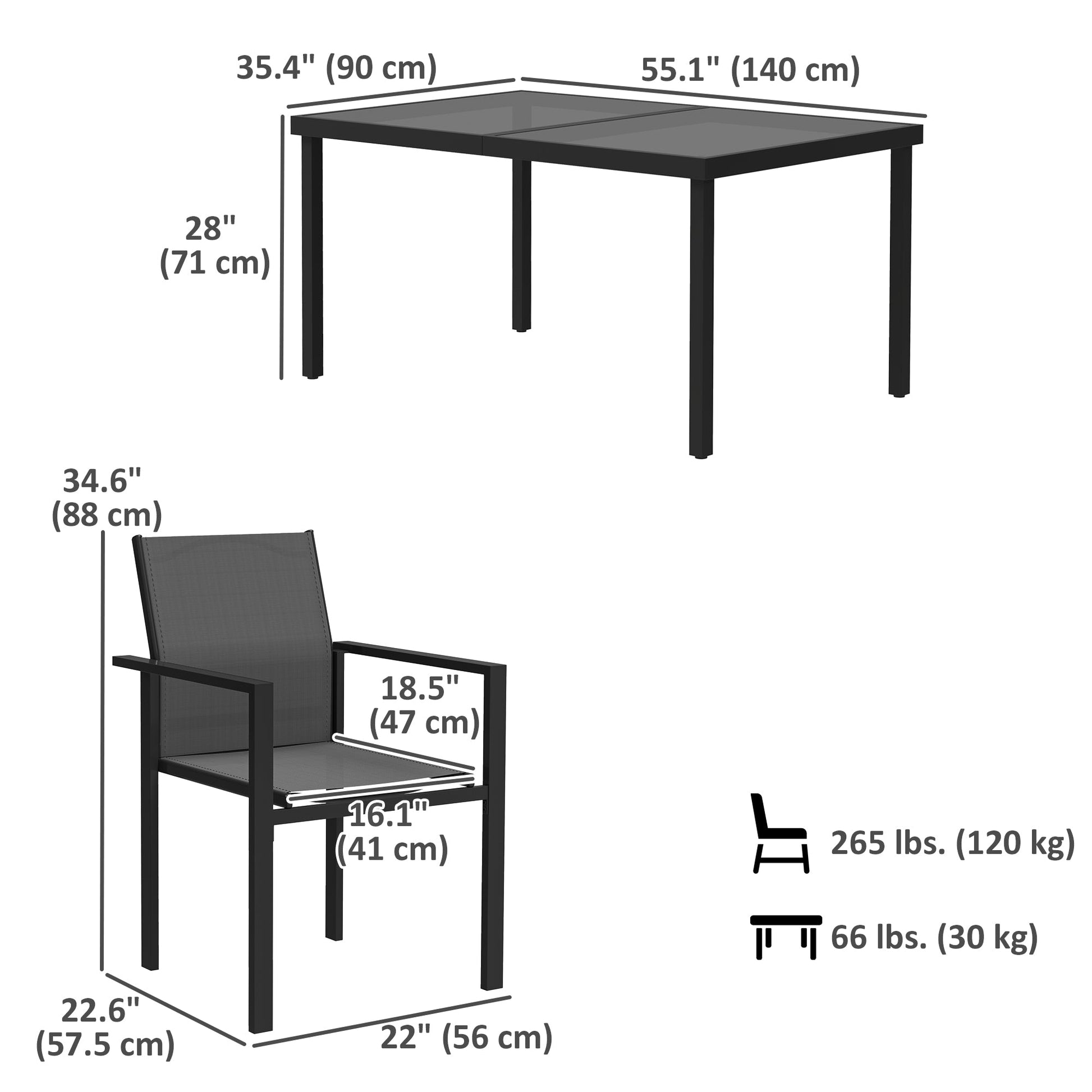 5 Piece Patio Dining Set, Outdoor Table and Chairs with 2.1" Umbrella Hole, 4 Stackable Chairs, Tempered Glass Top, Rust-Resistant Metal Frame for Backyard, Porch, Deck