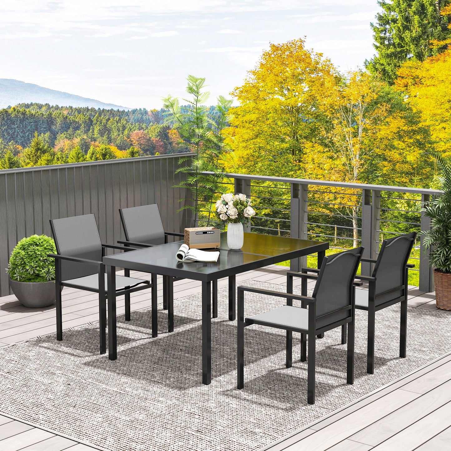5 Piece Patio Dining Set, Outdoor Table and Chairs with 2.1" Umbrella Hole, 4 Stackable Chairs, Tempered Glass Top, Rust-Resistant Metal Frame for Backyard, Porch, Deck