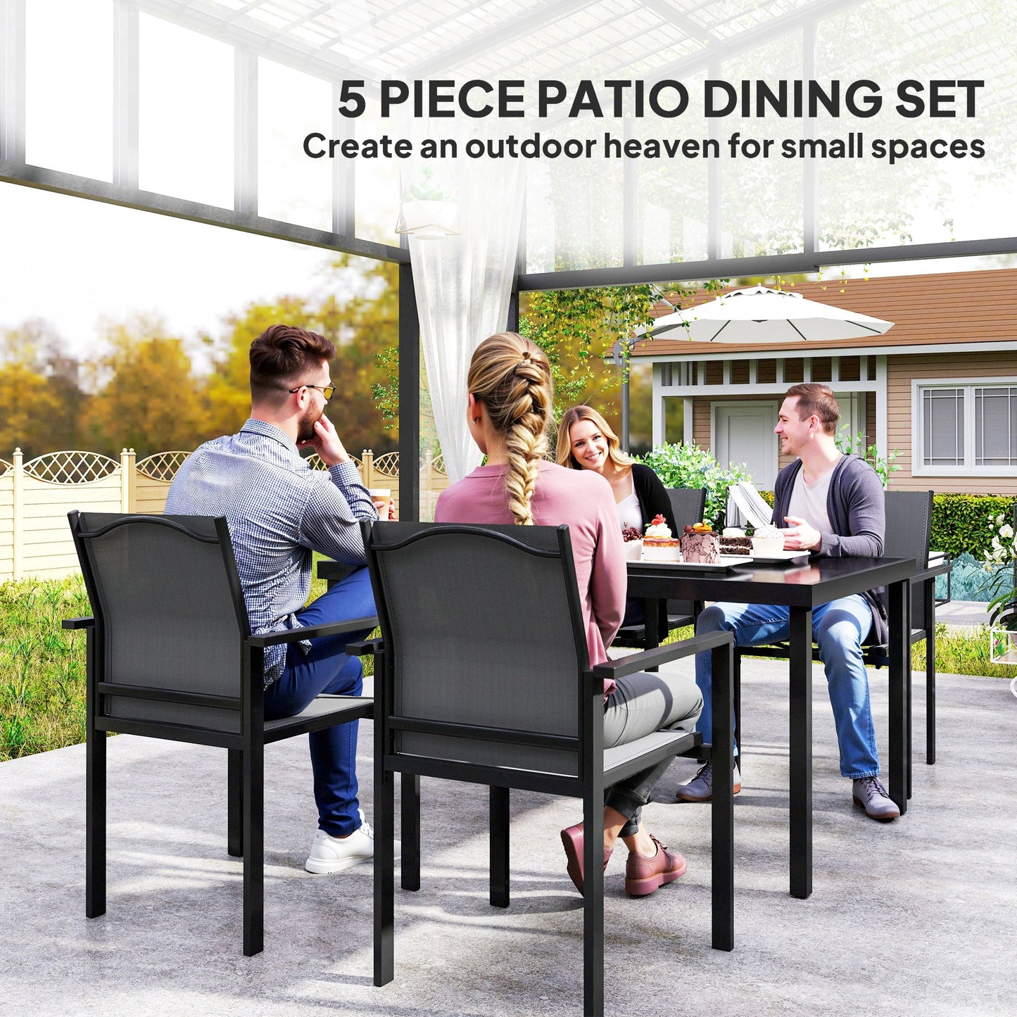 5 Piece Patio Dining Set, Outdoor Table and Chairs with 2.1" Umbrella Hole, 4 Stackable Chairs, Tempered Glass Top, Rust-Resistant Metal Frame for Backyard, Porch, Deck