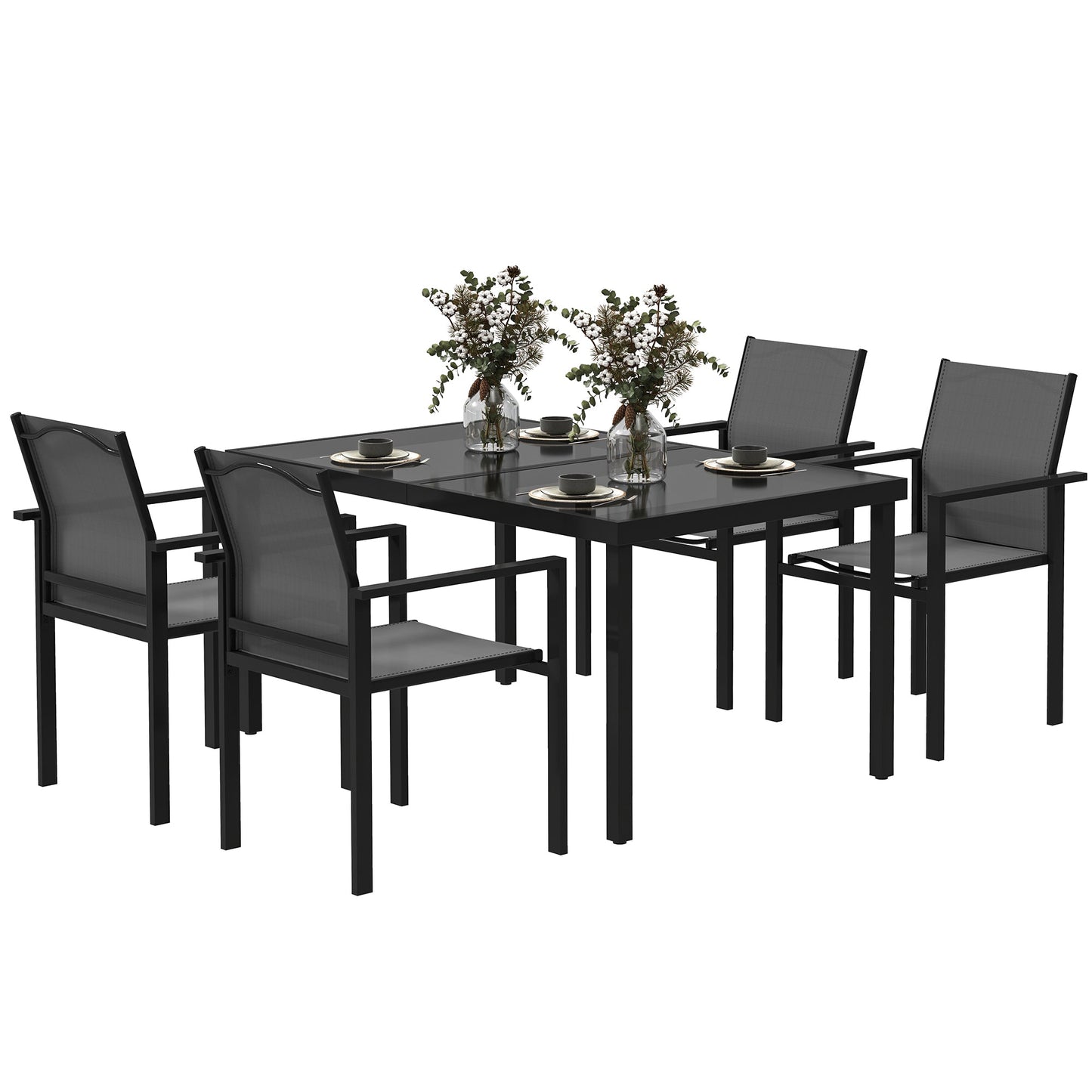 5 Piece Patio Dining Set, Outdoor Table and Chairs with 2.1" Umbrella Hole, 4 Stackable Chairs, Tempered Glass Top, Rust-Resistant Metal Frame for Backyard, Porch, Deck