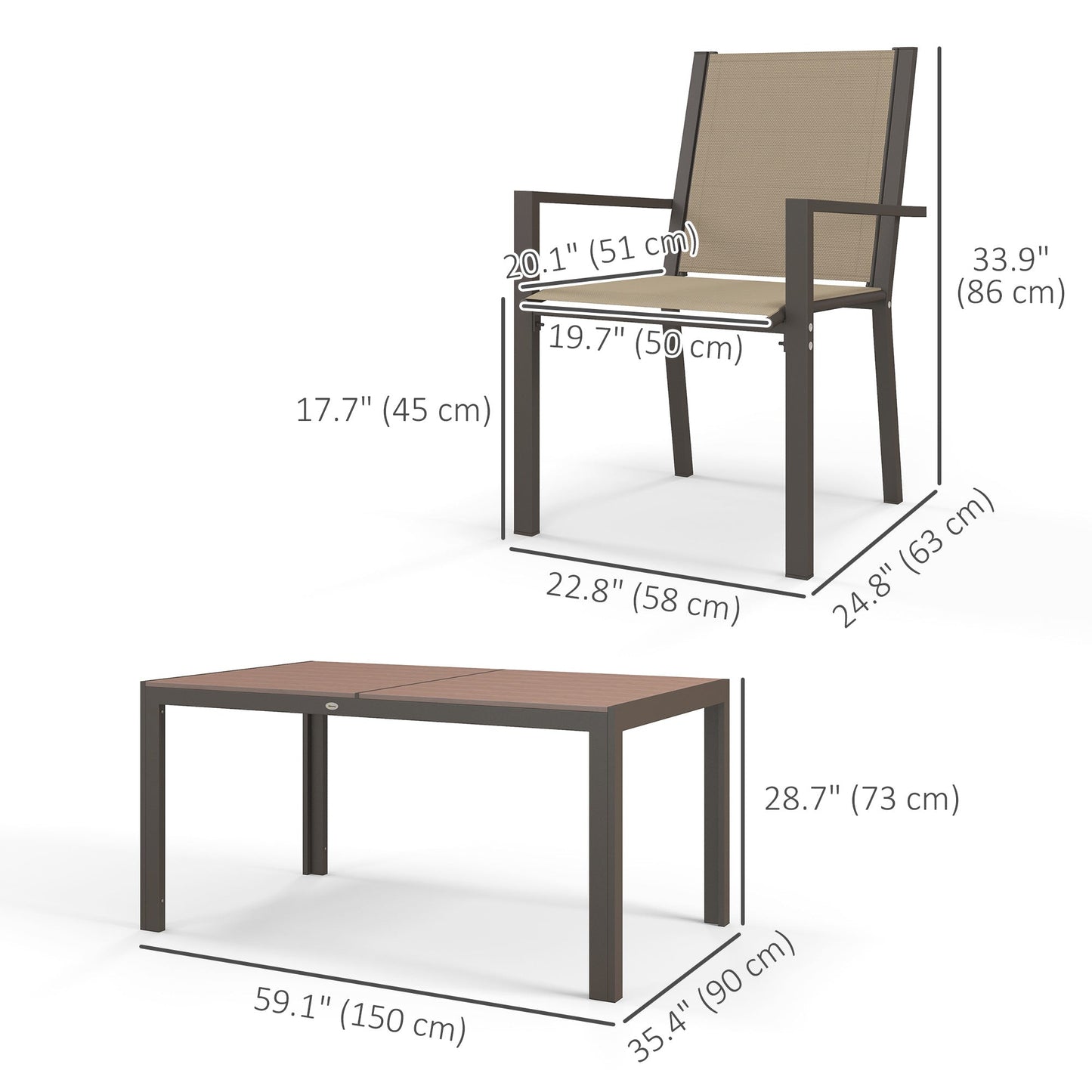 7 Piece Patio Dining Set, Outdoor Dining Table and 6 Stackable Chairs, Metal Patio Furniture Set with WPC Top, Breathable Mesh for Garden, Backyard, Poolside, Khaki