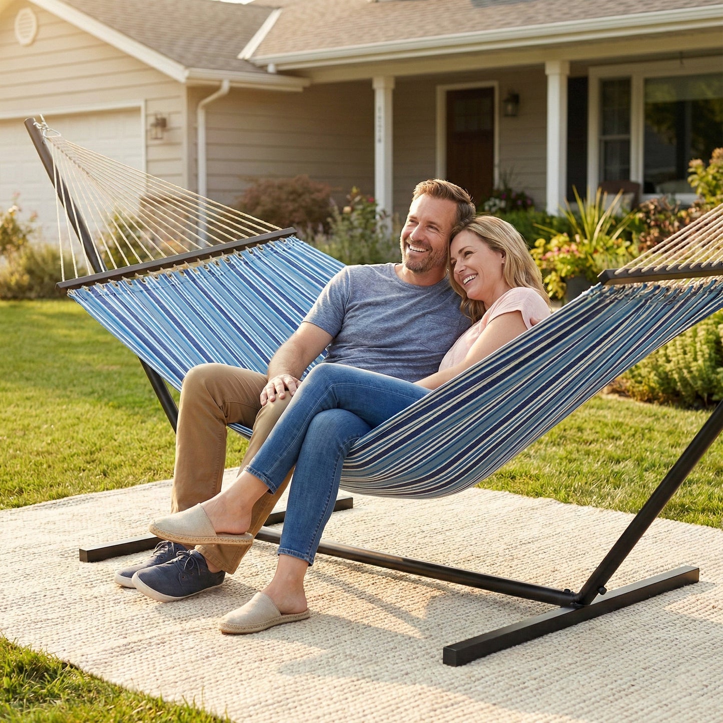 Outdoor Hammock with Stand, Detachable Pillow and Spreader Bars, Heavy Duty Hammock for Outdoor, 264 lbs Capacity Steel Stand, Blue