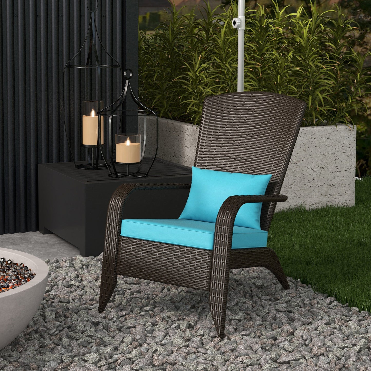 Patio Wicker Adirondack Chair, PE Rattan Outdoor Muskoka Chair, Fire Pit Chair with Cushions for Patio, Garden, Backyard, Poolside, Balcony, Deck, Turquoise