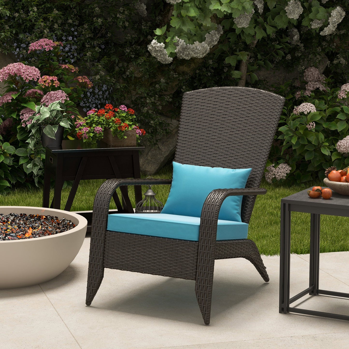 Patio Wicker Adirondack Chair, PE Rattan Outdoor Muskoka Chair, Fire Pit Chair with Cushions for Patio, Garden, Backyard, Poolside, Balcony, Deck, Turquoise