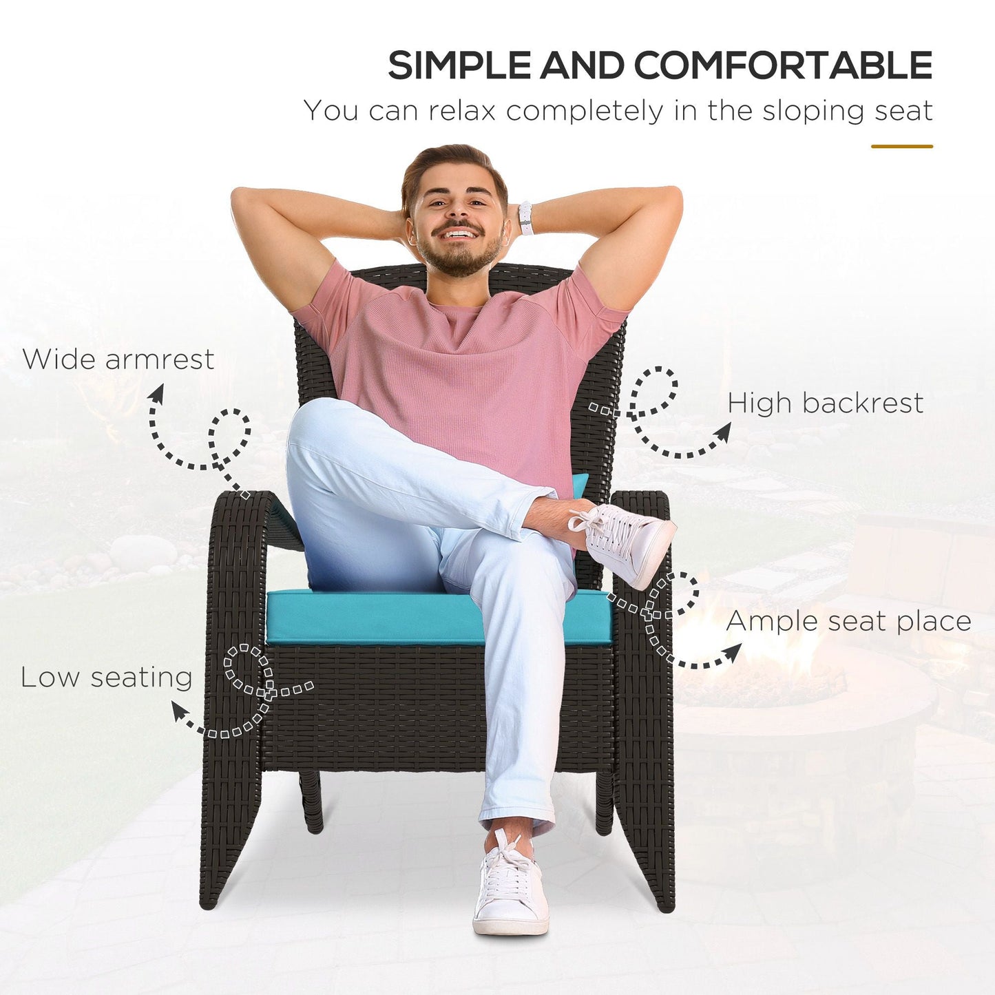 Patio Wicker Adirondack Chair, PE Rattan Outdoor Muskoka Chair, Fire Pit Chair with Cushions for Patio, Garden, Backyard, Poolside, Balcony, Deck, Turquoise