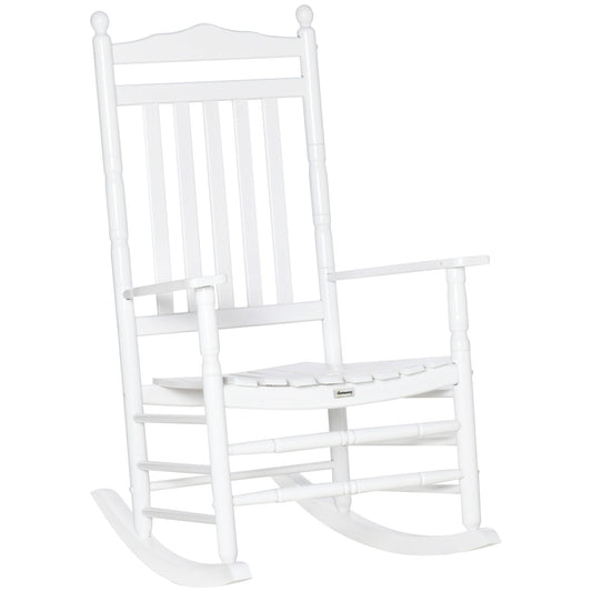 Wooden Outdoor Rocking Chair, Patio Rocking Chair with Slatted High Back and Armrests, Patio Chair for Porch, Garden, Lawn, White