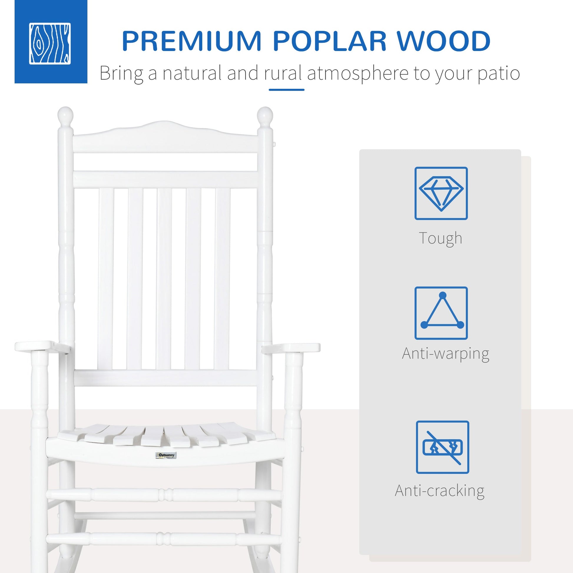 Wooden Outdoor Rocking Chair, Patio Rocking Chair with Slatted High Back and Armrests, Patio Chair for Porch, Garden, Lawn, White