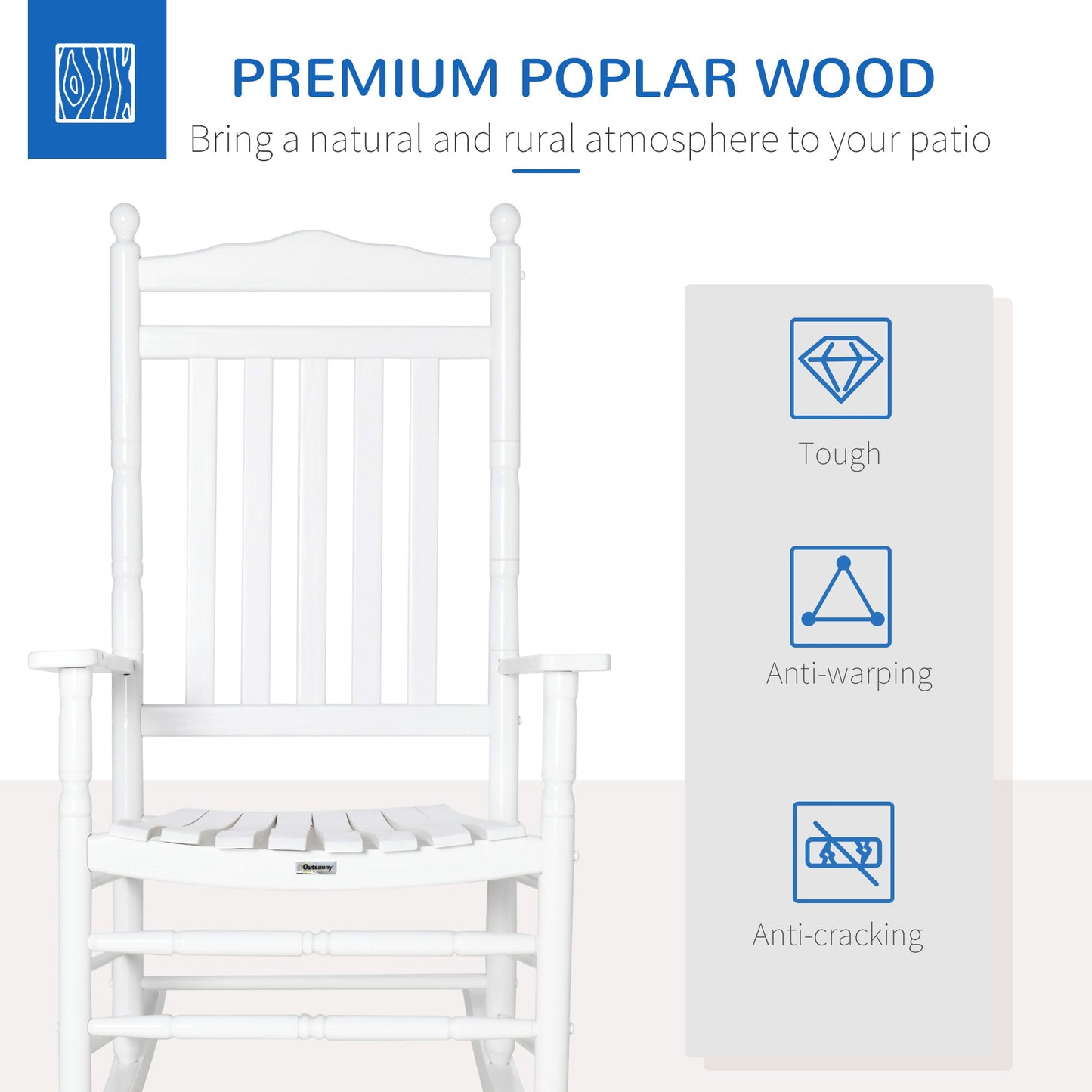 Wooden Outdoor Rocking Chair, Patio Rocking Chair with Slatted High Back and Armrests, Patio Chair for Porch, Garden, Lawn, White