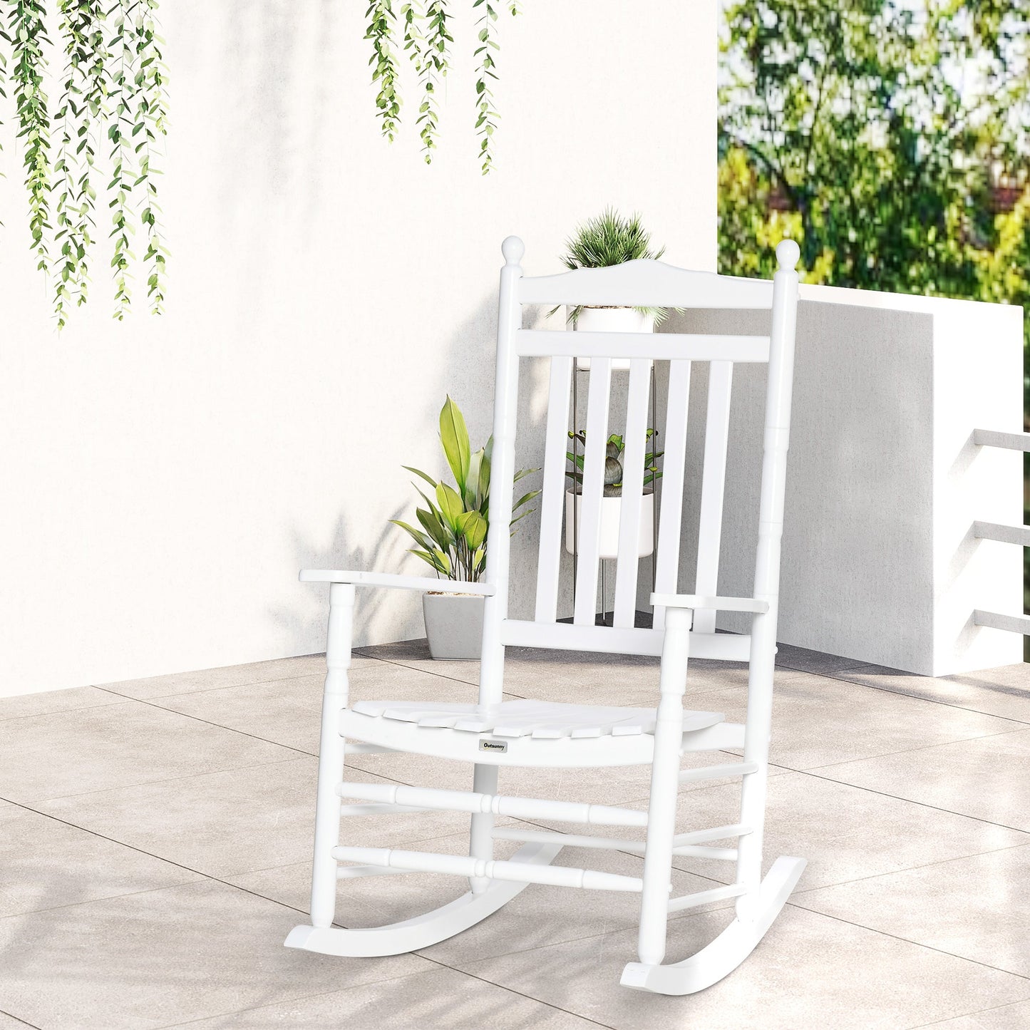 Wooden Outdoor Rocking Chair, Patio Rocking Chair with Slatted High Back and Armrests, Patio Chair for Porch, Garden, Lawn, White