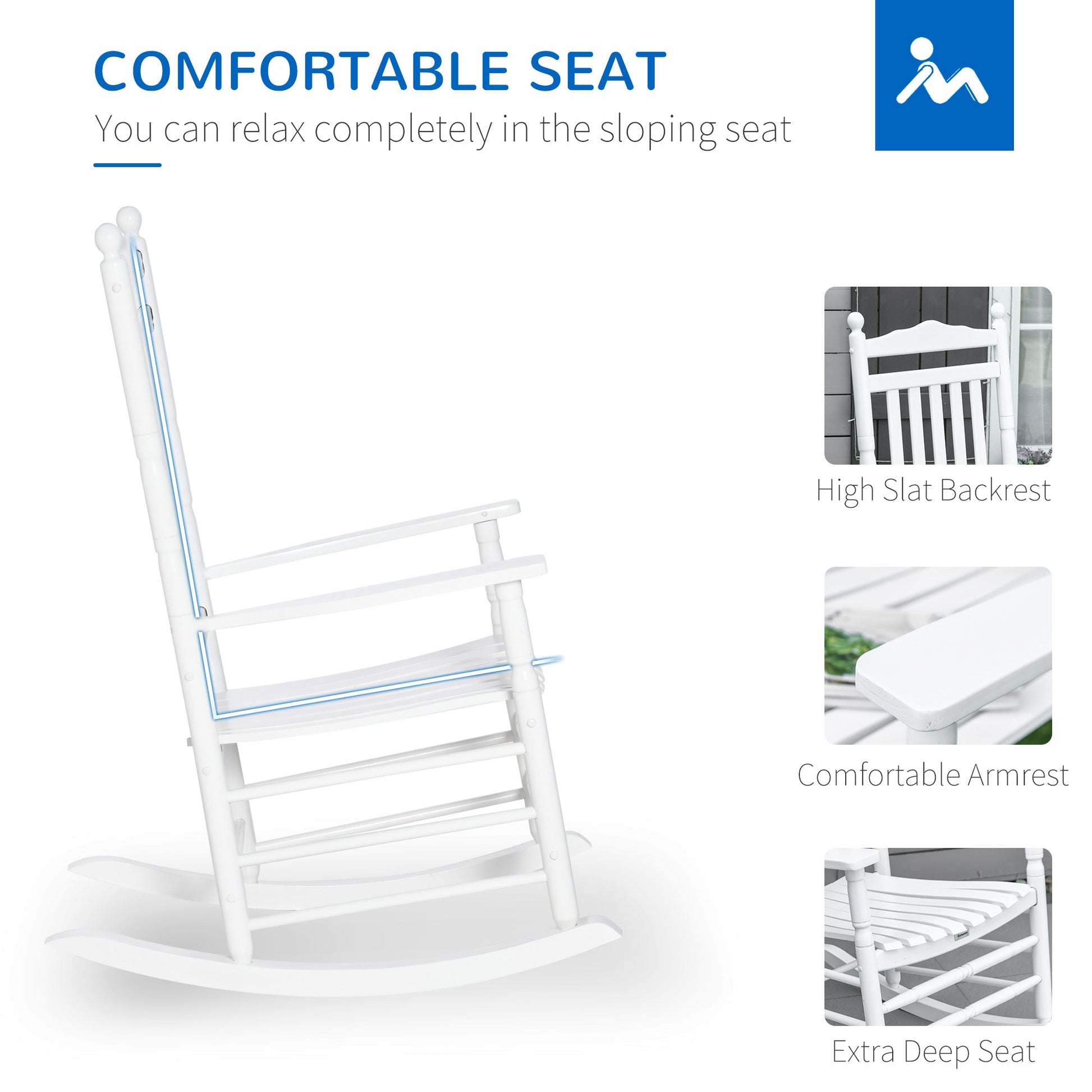 Wooden Outdoor Rocking Chair, Patio Rocking Chair with Slatted High Back and Armrests, Patio Chair for Porch, Garden, Lawn, White