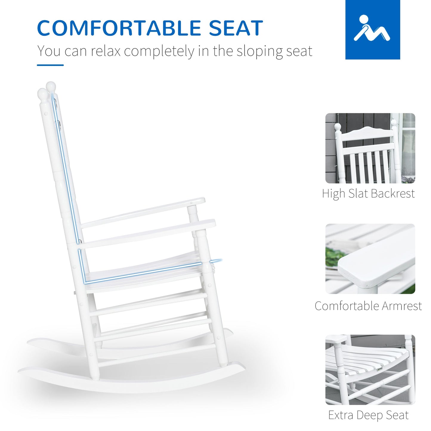 Wooden Outdoor Rocking Chair, Patio Rocking Chair with Slatted High Back and Armrests, Patio Chair for Porch, Garden, Lawn, White