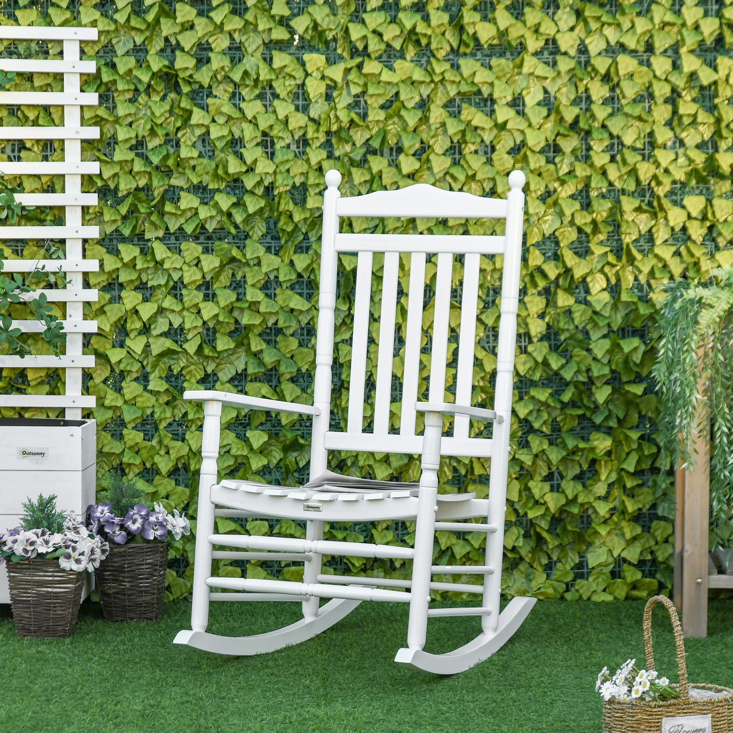Wooden Outdoor Rocking Chair, Patio Rocking Chair with Slatted High Back and Armrests, Patio Chair for Porch, Garden, Lawn, White