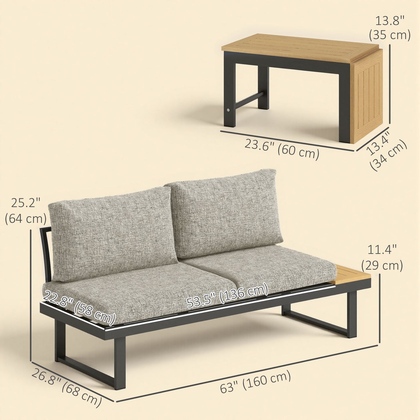 3 Pieces Sectional Patio Furniture Set with 2 Loveseats, WPC Coffee Table, L Shaped Aluminum Outdoor Furniture Sofa Set with Removable Backs, Thick Cushions, Light Grey