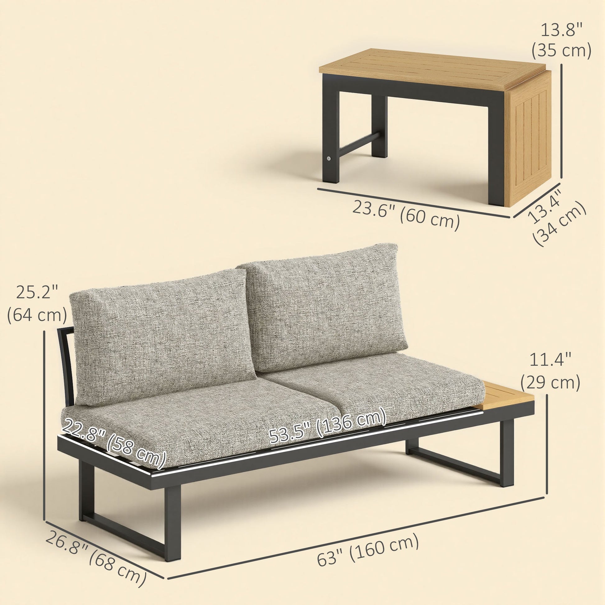 3 Pieces Sectional Patio Furniture Set with 2 Loveseats, WPC Coffee Table, L Shaped Aluminum Outdoor Furniture Sofa Set with Removable Backs, Thick Cushions, Light Grey