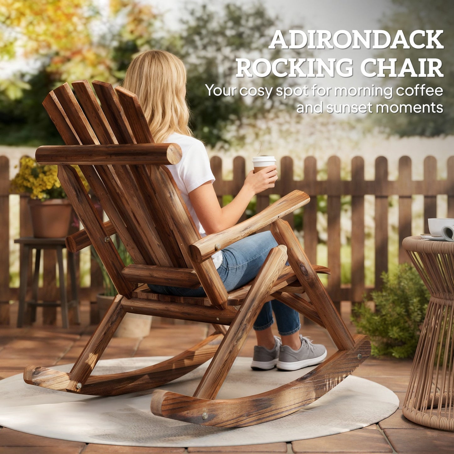 Outdoor Rocking Chair, Wooden Adirondack Outdoor Rocker with High Back and Slatted Seat, Oversized Rustic Patio Rocking Chair for Garden, Porch, Yard, Balcony, Carbonized