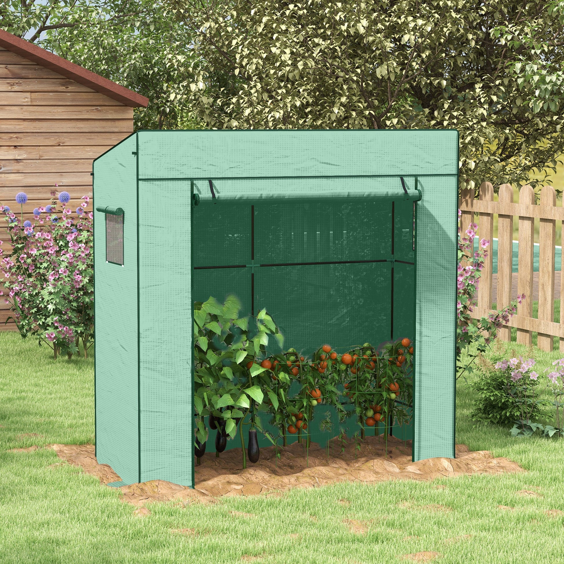 Lean-to Tomato Greenhouse with PE Cover, Walk-in Green House with Roll-up Door and 2 Mesh Windows, Portable Plant Grow House for Indoor Outdoor, 77.2"x30.3"x77.6", Green