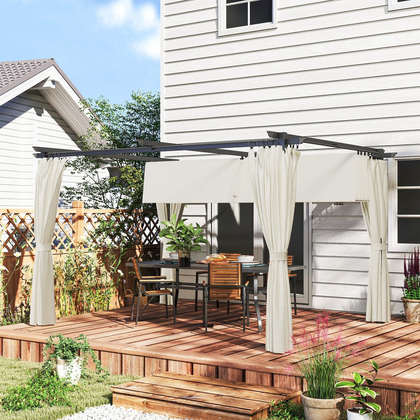10' x 13' Retractable Pergola Canopy with Curtains, Outdoor Gazebo UPF30+ Sun Shade Shelter for Grill, Garden, Patio, Backyard, Deck, Cream White