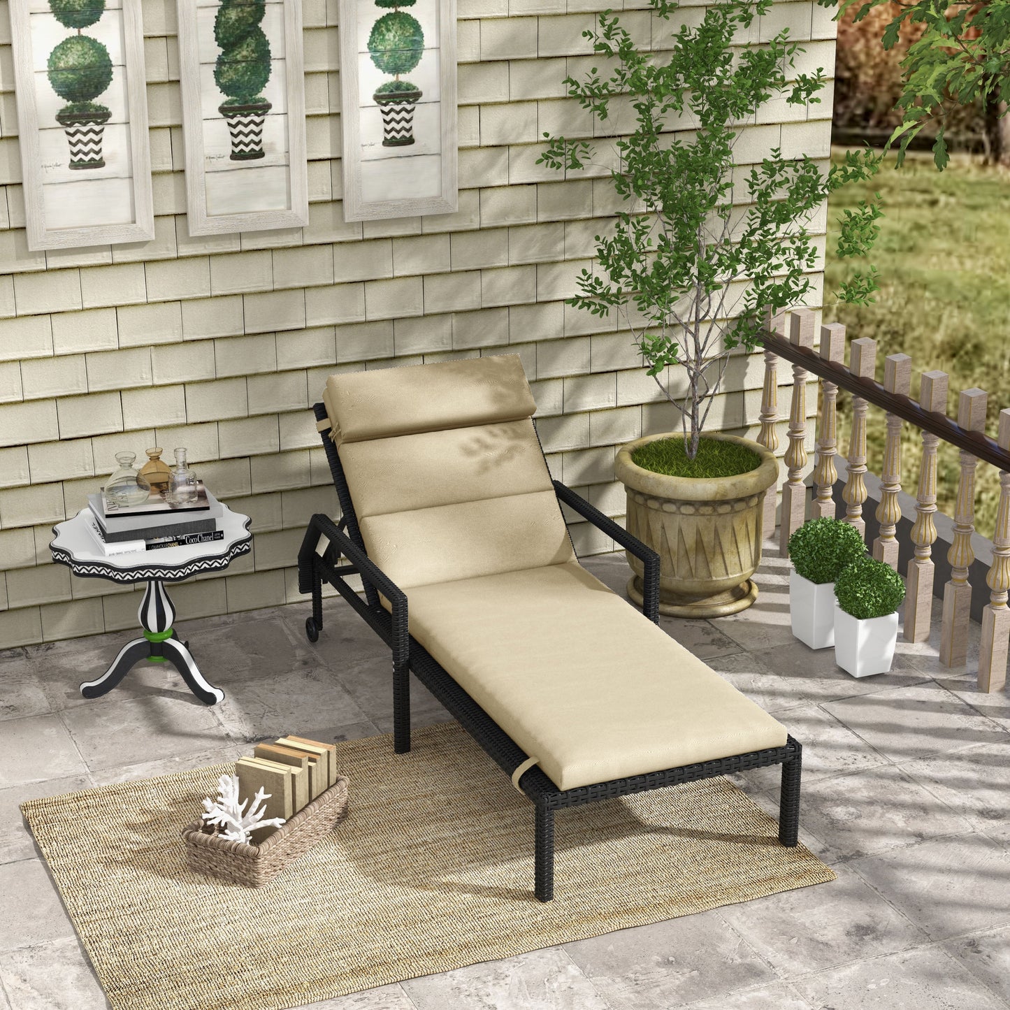 Outdoor Lounge Chair Cushion, Patio Chaise Lounge Cushion with Headrest and Ties, Water Resistant Replacement Sun Lounger Seat Pads, Beige