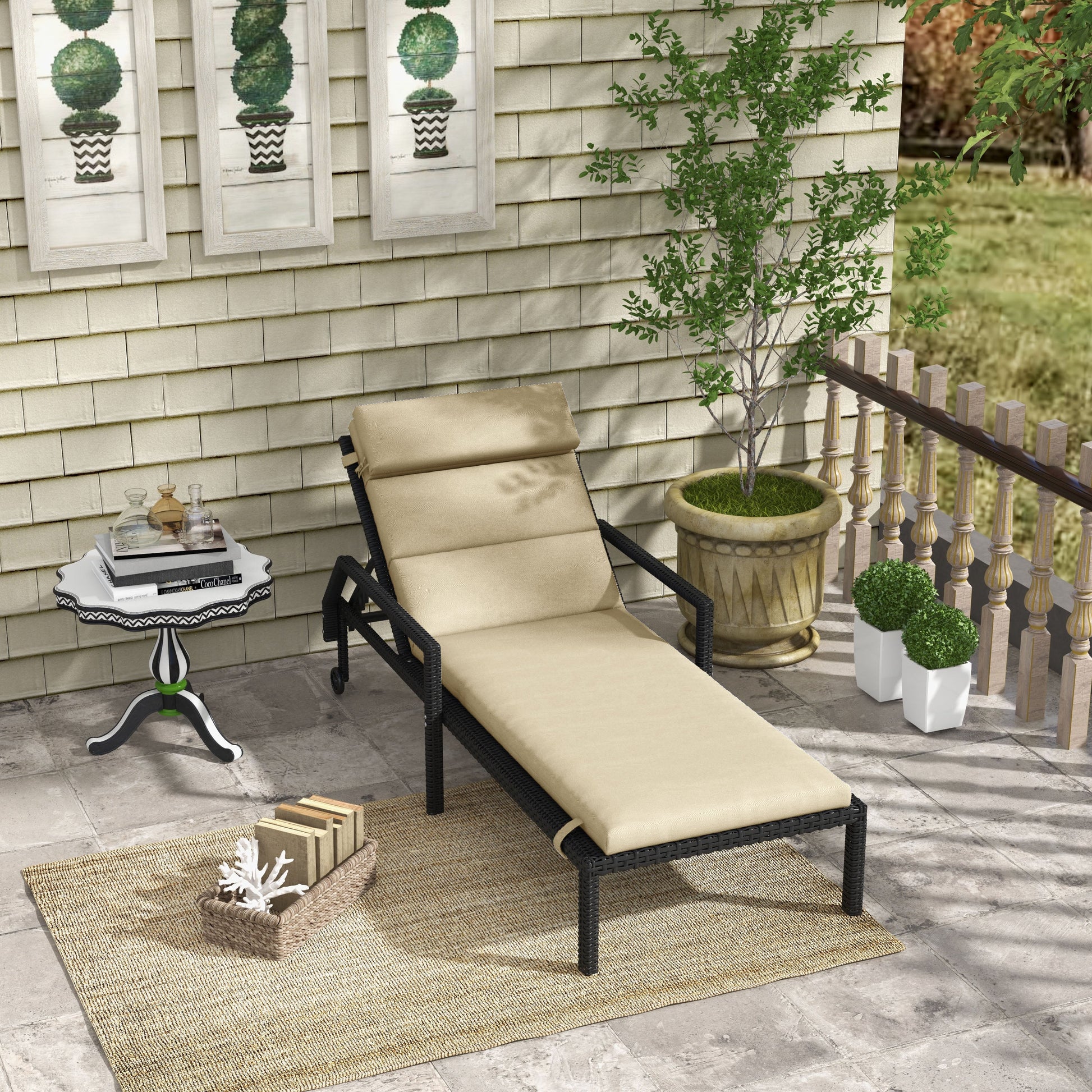 Outdoor Lounge Chair Cushion, Patio Chaise Lounge Cushion with Headrest and Ties, Water Resistant Replacement Sun Lounger Seat Pads, Beige
