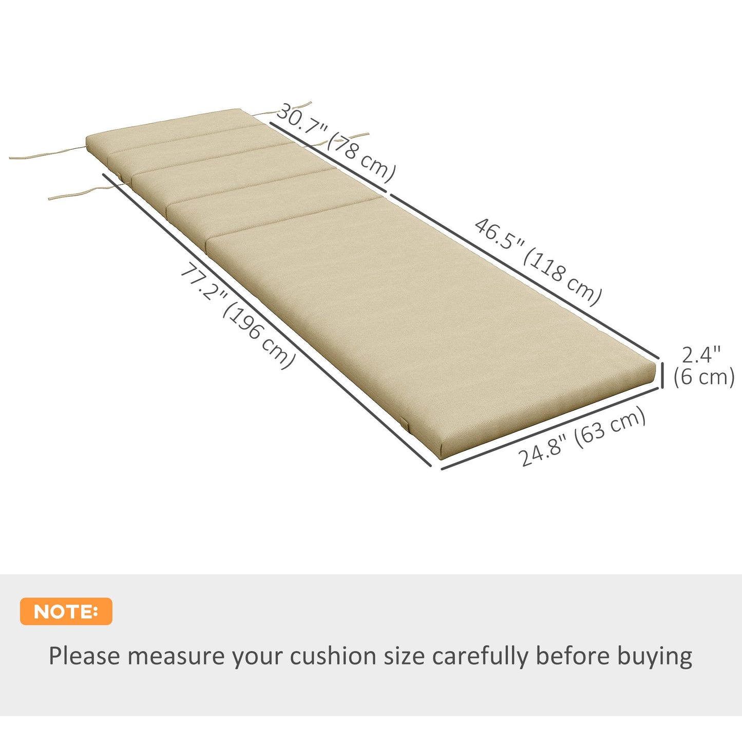 Outdoor Lounge Chair Cushion, Patio Chaise Lounge Cushion with Headrest and Ties, Water Resistant Replacement Sun Lounger Seat Pads, Beige