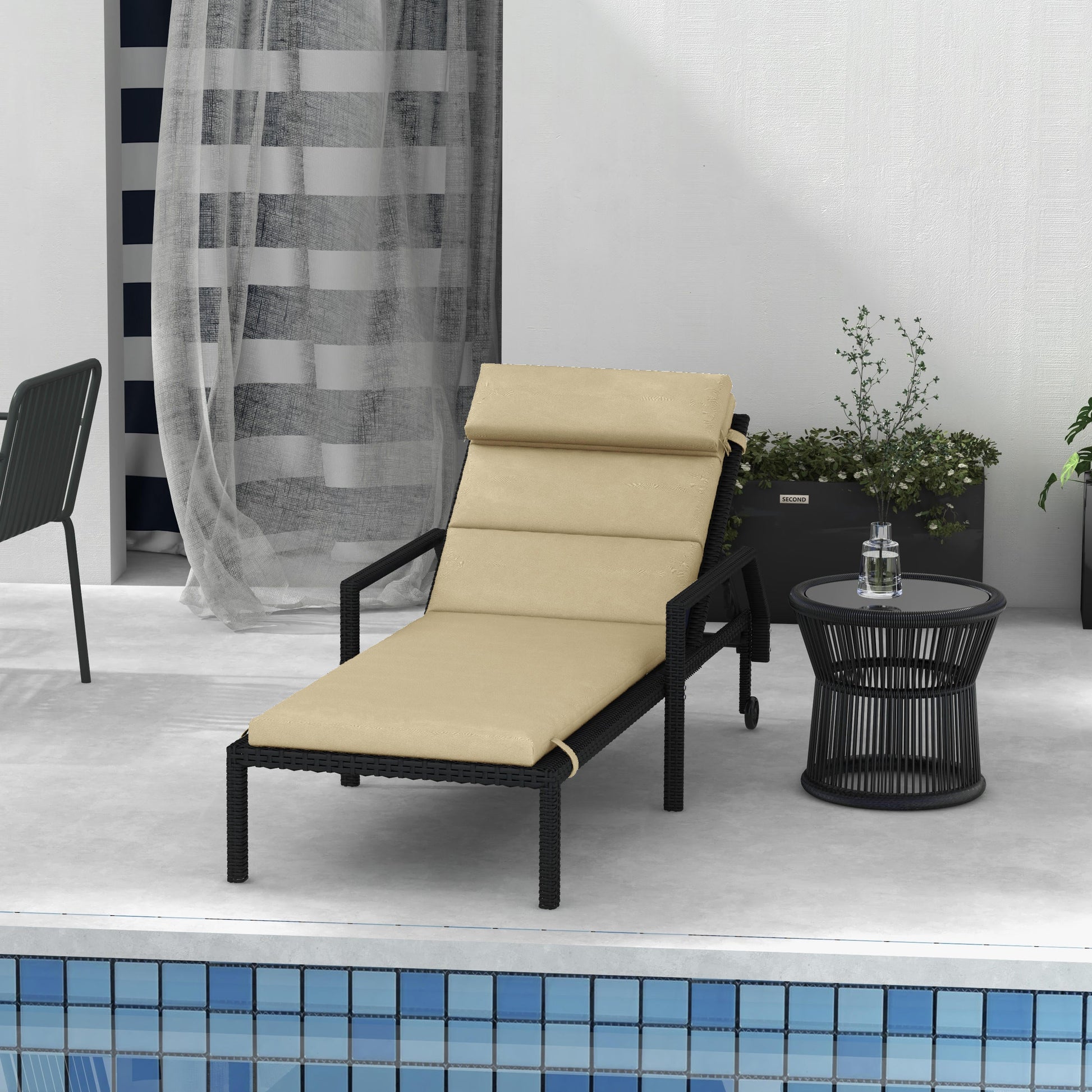 Outdoor Lounge Chair Cushion, Patio Chaise Lounge Cushion with Headrest and Ties, Water Resistant Replacement Sun Lounger Seat Pads, Beige
