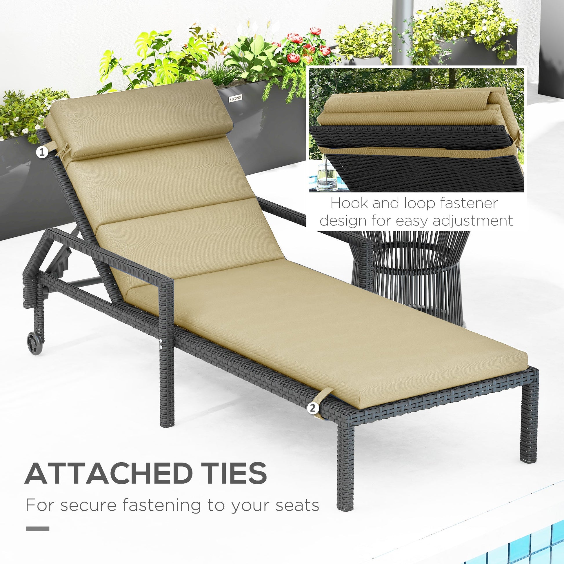 Outdoor Lounge Chair Cushion, Patio Chaise Lounge Cushion with Headrest and Ties, Water Resistant Replacement Sun Lounger Seat Pads, Beige