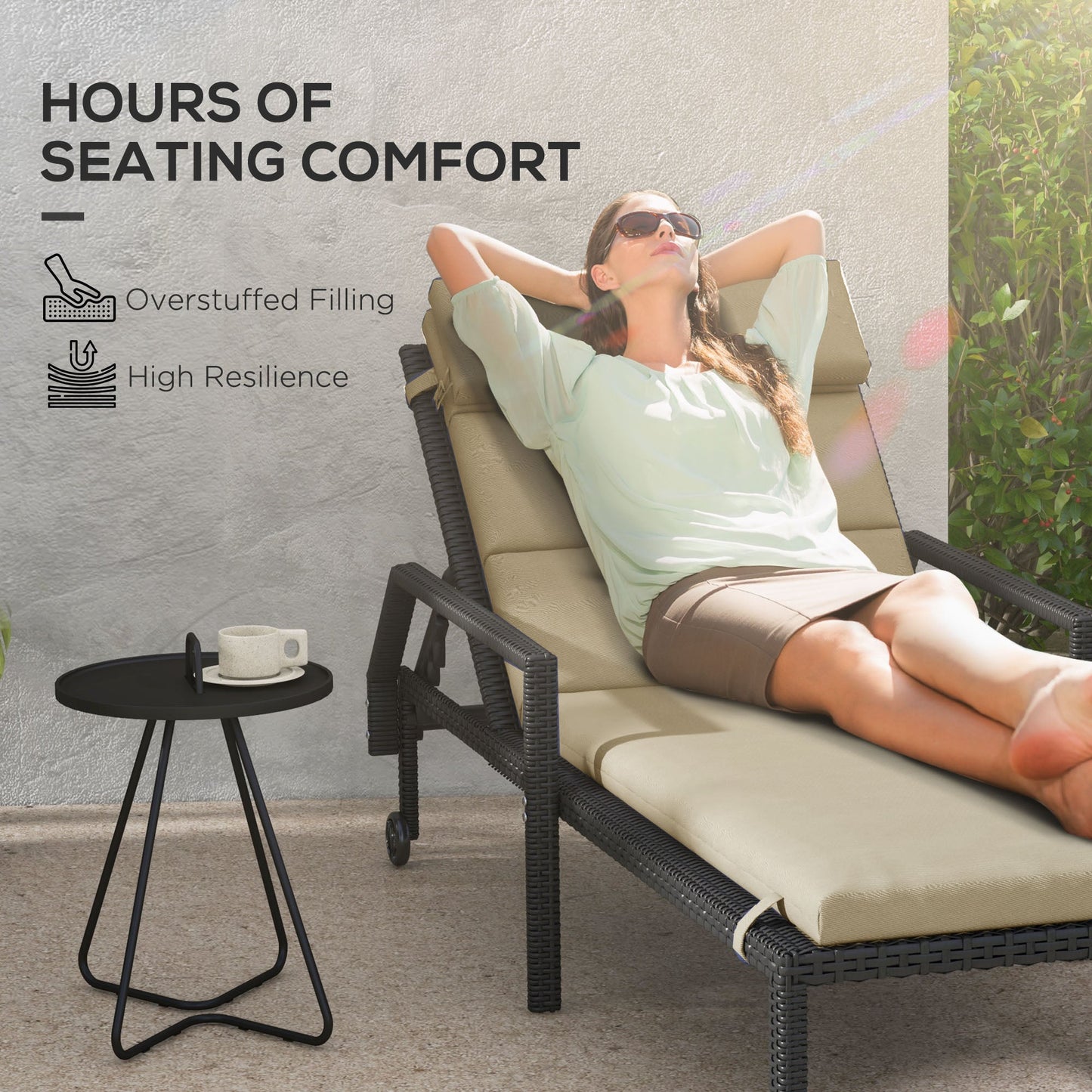 Outdoor Lounge Chair Cushion, Patio Chaise Lounge Cushion with Headrest and Ties, Water Resistant Replacement Sun Lounger Seat Pads, Beige