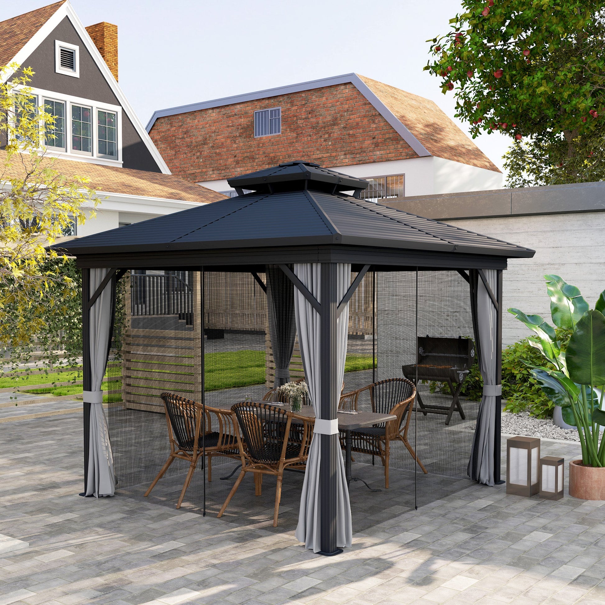 10' x 10' Hardtop Gazebo, Aluminum Frame Garden Sun Shelter with Double Tier Metal Roof, Mosquito Netting, Curtains, and Hanging Hook, Light Grey