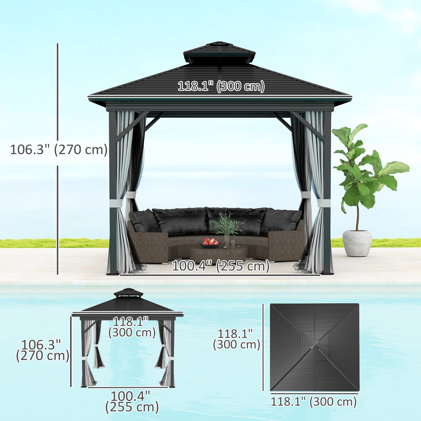 10' x 10' Hardtop Gazebo, Aluminum Frame Garden Sun Shelter with Double Tier Metal Roof, Mosquito Netting, Curtains, and Hanging Hook, Light Grey