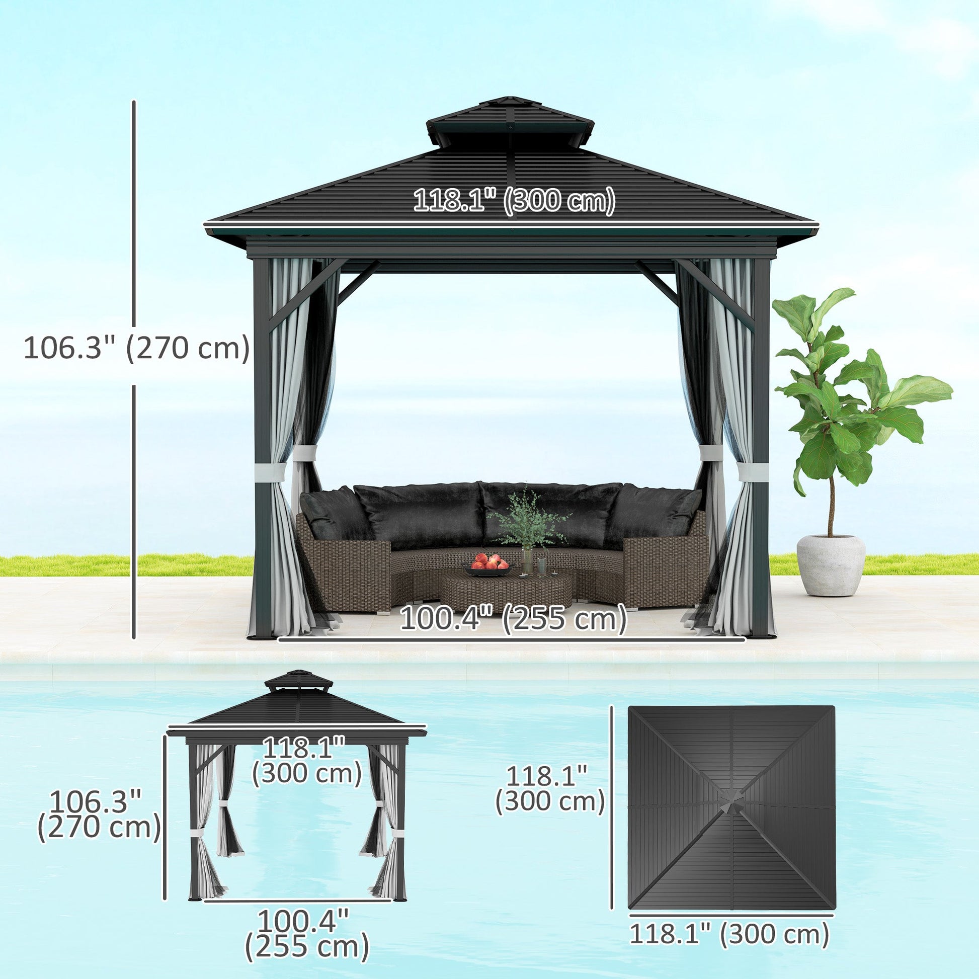 10' x 10' Hardtop Gazebo, Aluminum Frame Garden Sun Shelter with Double Tier Metal Roof, Mosquito Netting, Curtains, and Hanging Hook, Light Grey
