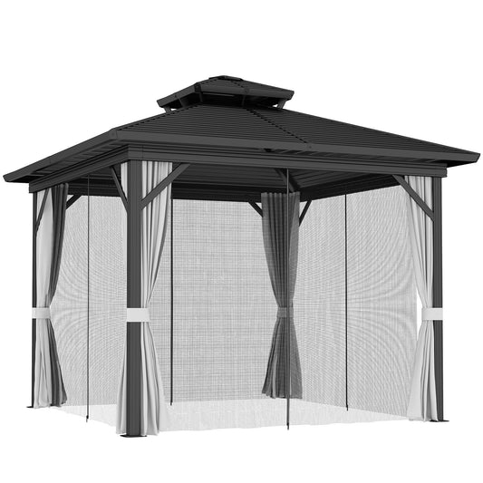 10' x 10' Hardtop Gazebo, Aluminum Frame Garden Sun Shelter with Double Tier Metal Roof, Mosquito Netting, Curtains, and Hanging Hook, Light Grey