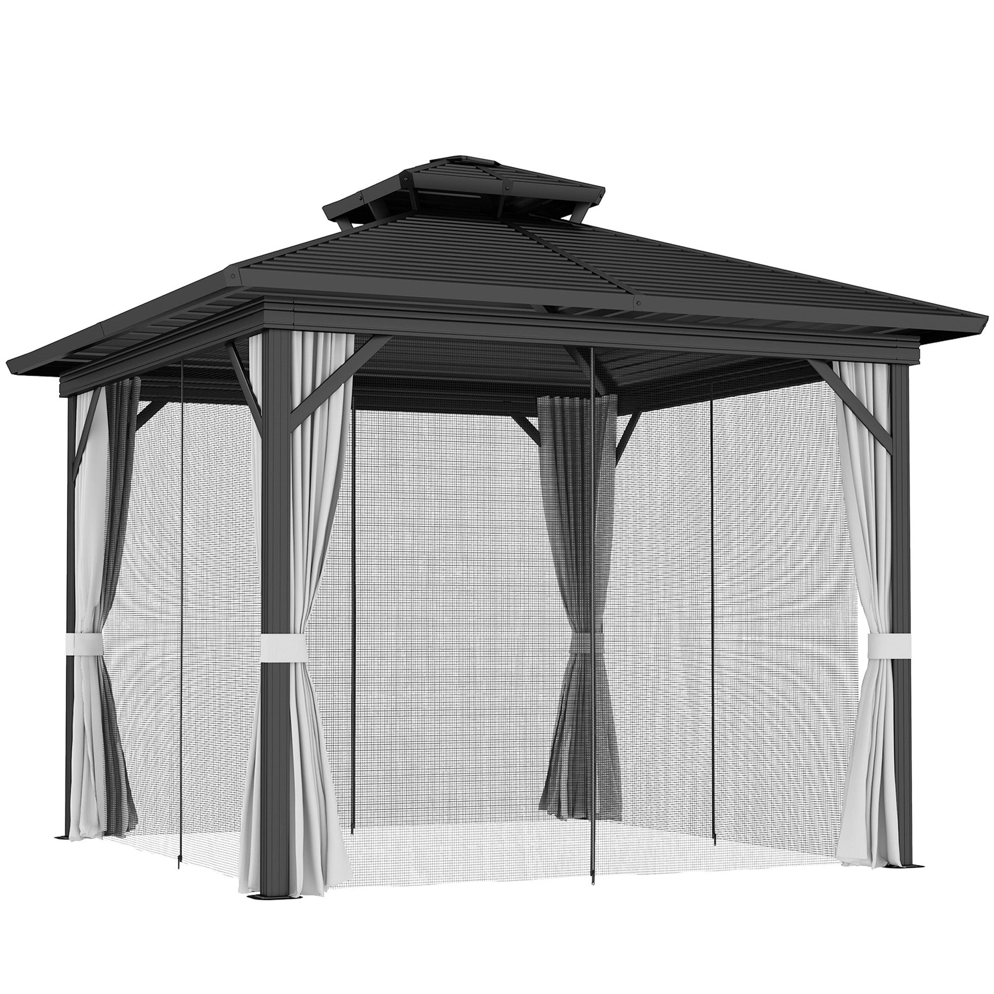 10' x 10' Hardtop Gazebo, Aluminum Frame Garden Sun Shelter with Double Tier Metal Roof, Mosquito Netting, Curtains, and Hanging Hook, Light Grey