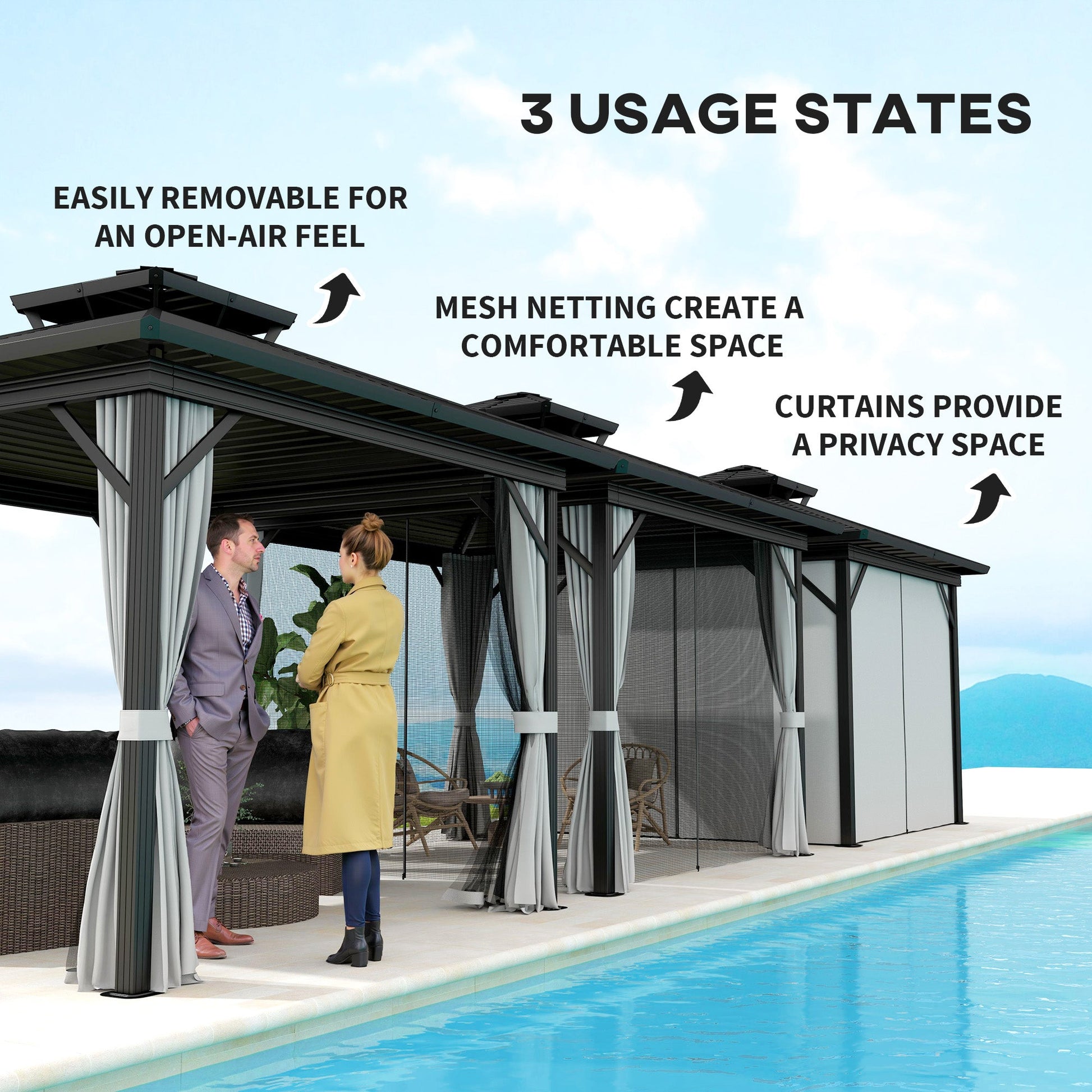 10' x 10' Hardtop Gazebo, Aluminum Frame Garden Sun Shelter with Double Tier Metal Roof, Mosquito Netting, Curtains, and Hanging Hook, Light Grey