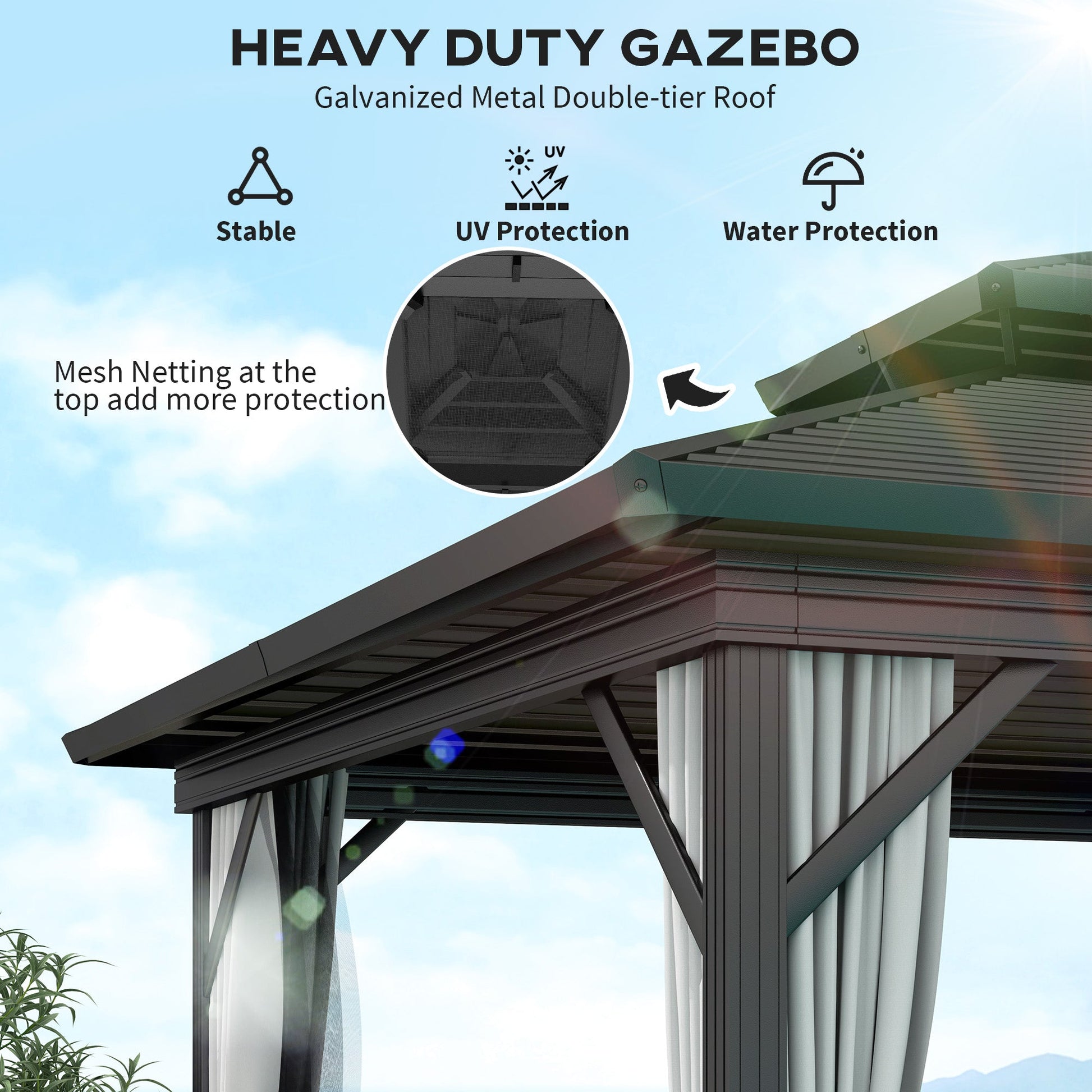 10' x 10' Hardtop Gazebo, Aluminum Frame Garden Sun Shelter with Double Tier Metal Roof, Mosquito Netting, Curtains, and Hanging Hook, Light Grey