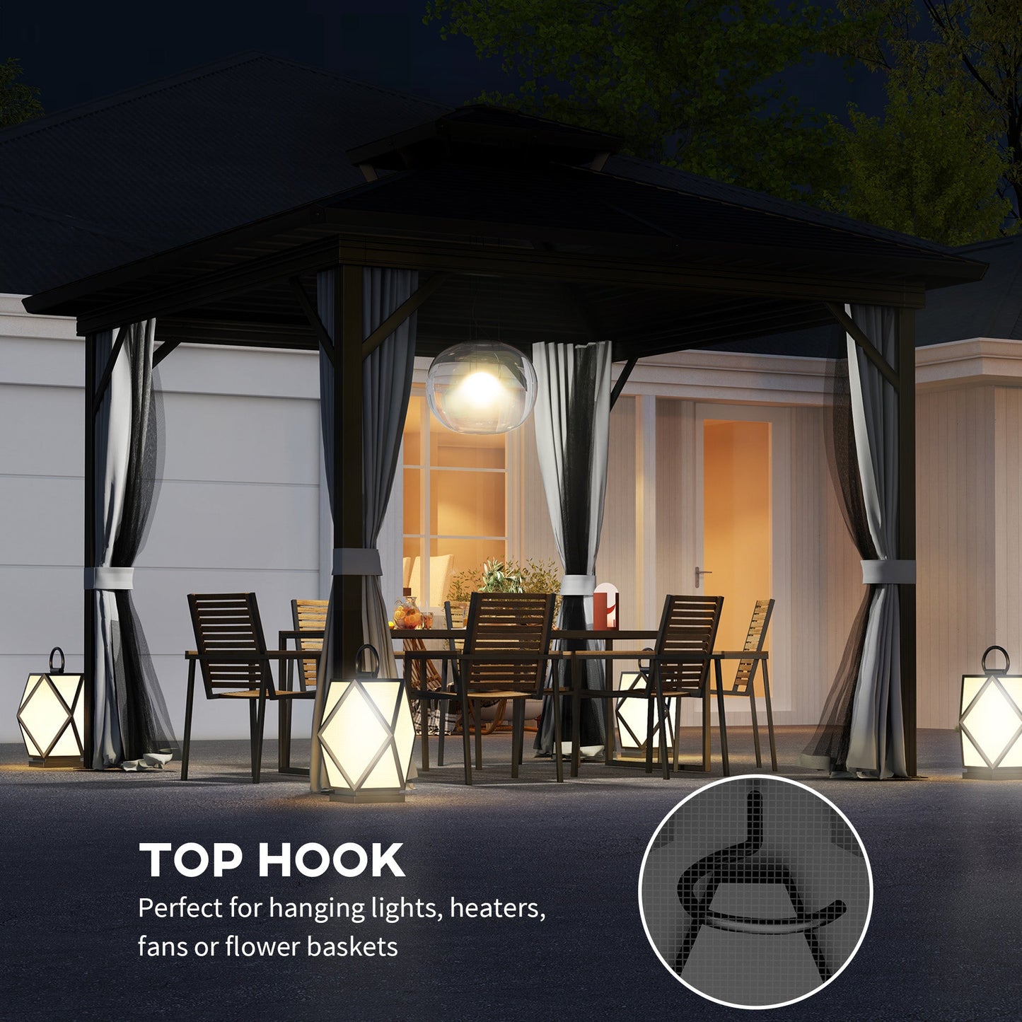 10' x 10' Hardtop Gazebo, Aluminum Frame Garden Sun Shelter with Double Tier Metal Roof, Mosquito Netting, Curtains, and Hanging Hook, Light Grey