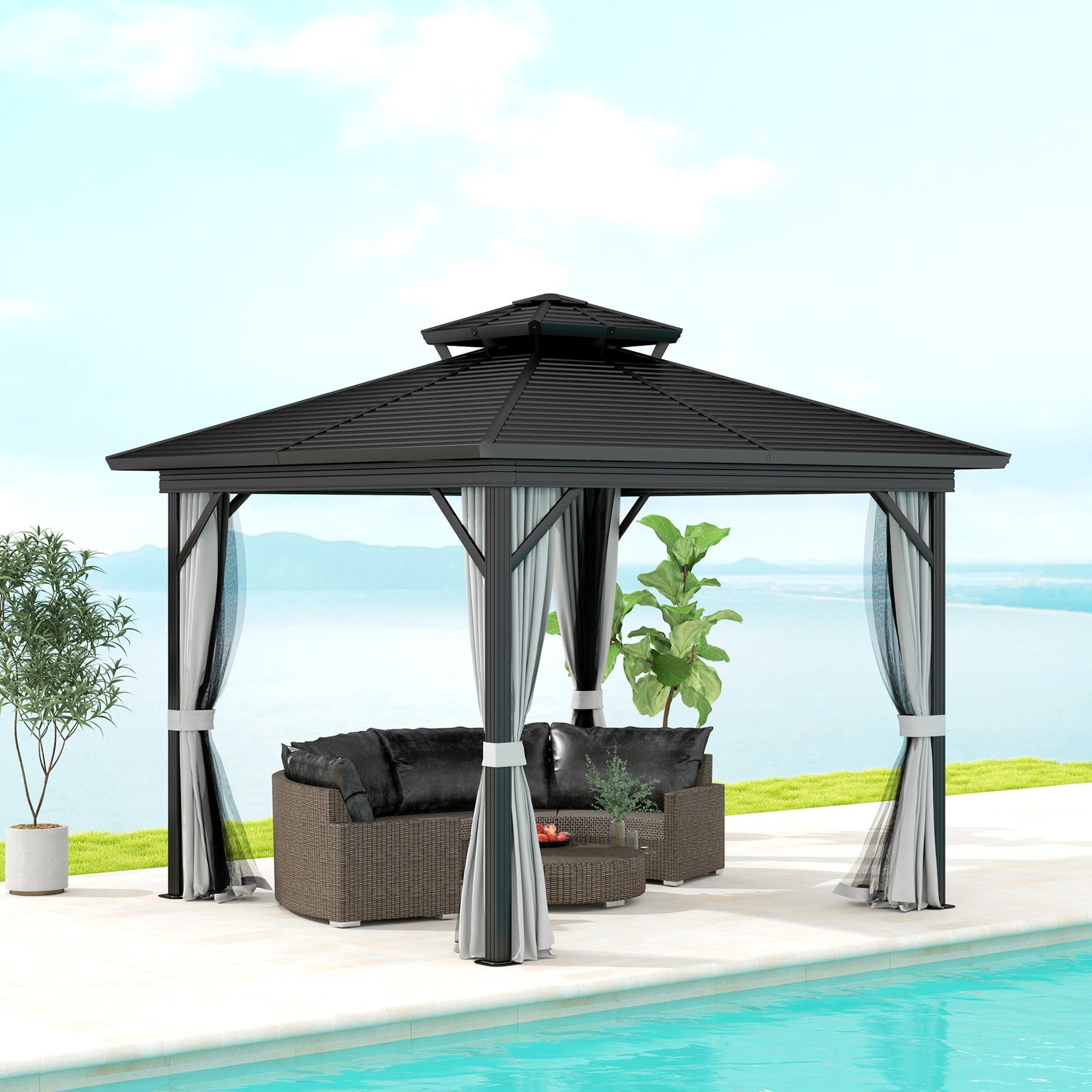 10' x 10' Hardtop Gazebo, Aluminum Frame Garden Sun Shelter with Double Tier Metal Roof, Mosquito Netting, Curtains, and Hanging Hook, Light Grey