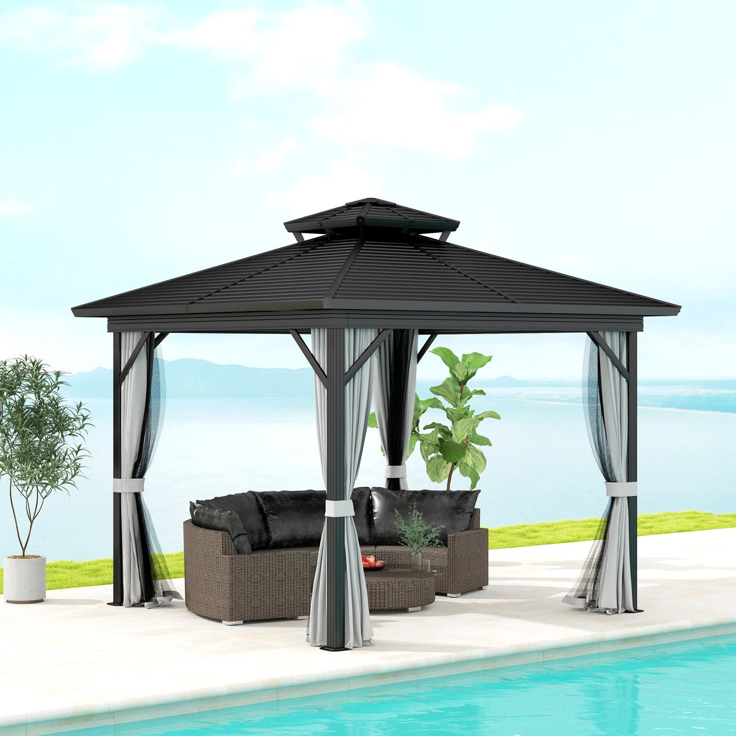10' x 10' Hardtop Gazebo, Aluminum Frame Garden Sun Shelter with Double Tier Metal Roof, Mosquito Netting, Curtains, and Hanging Hook, Light Grey