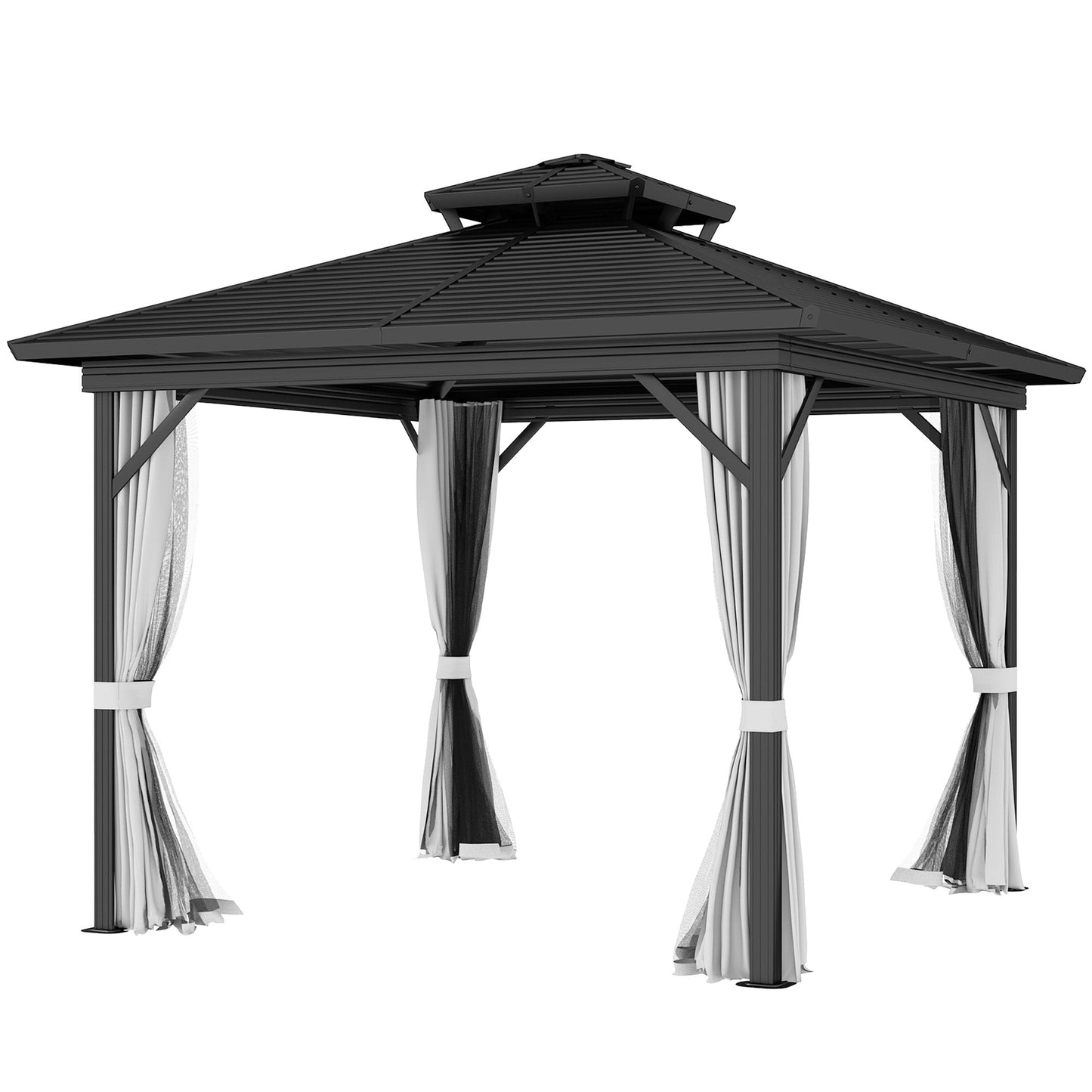 10' x 10' Hardtop Gazebo, Aluminum Frame Garden Sun Shelter with Double Tier Metal Roof, Mosquito Netting, Curtains, and Hanging Hook, Light Grey